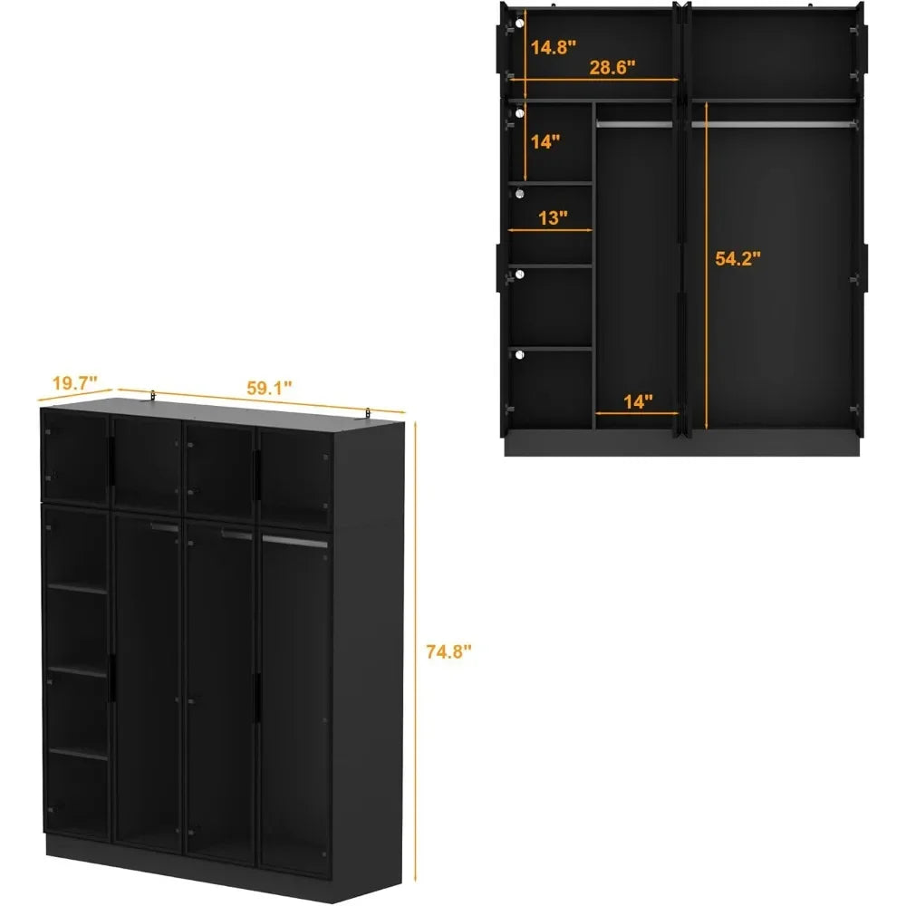 Wardrobe Cabinet With LED Light Strips Modern Armoire Glass Doors