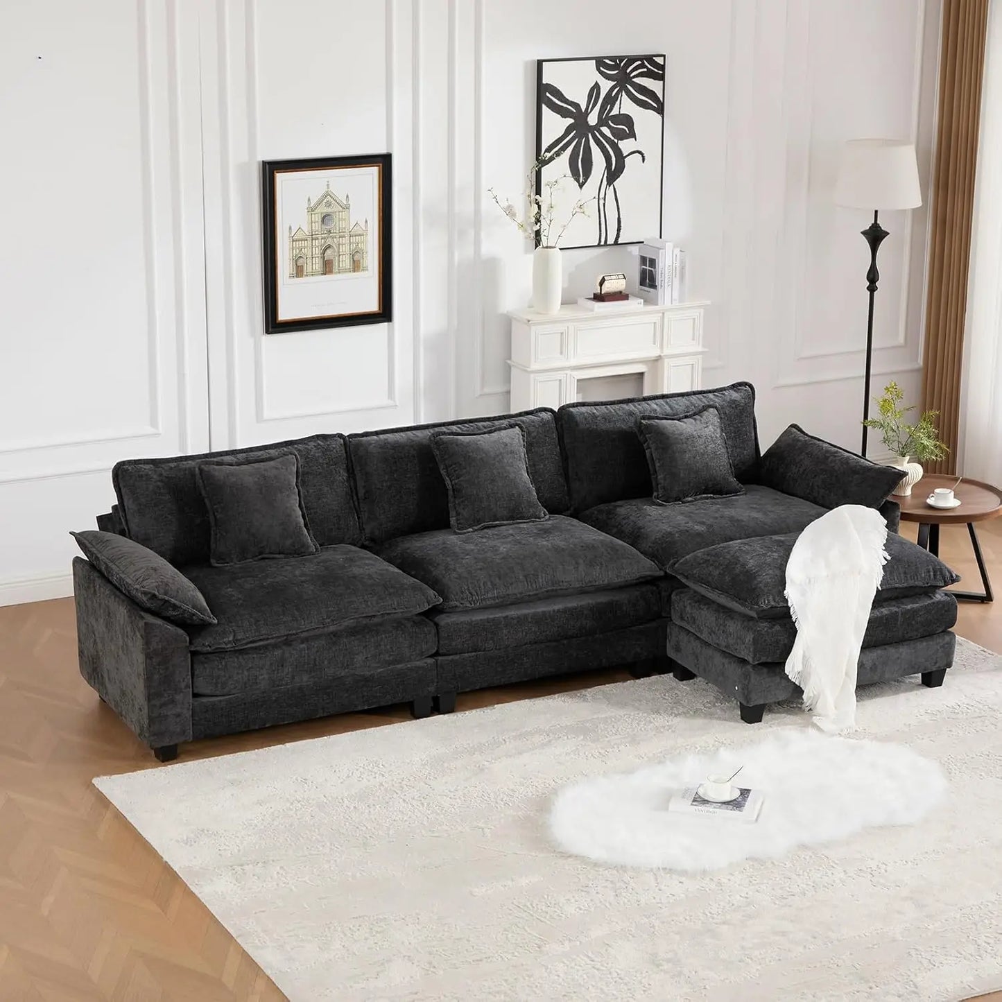 111.5" Blue Modular Sectional Sofa Chenille Deep Seat L-Shape Oversized Living Room Set With Ottoman, Customized