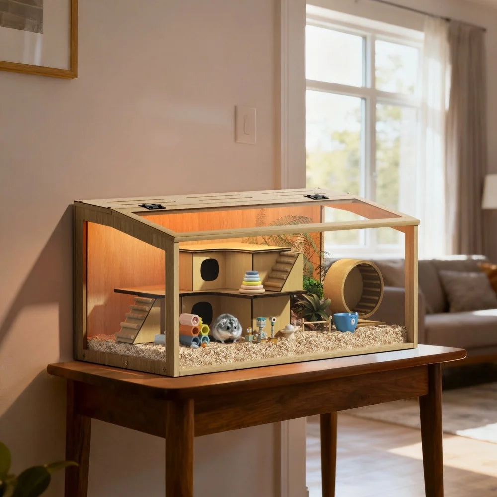 Wooden Hamster Cage With Tempered Glass And Open Roof LED