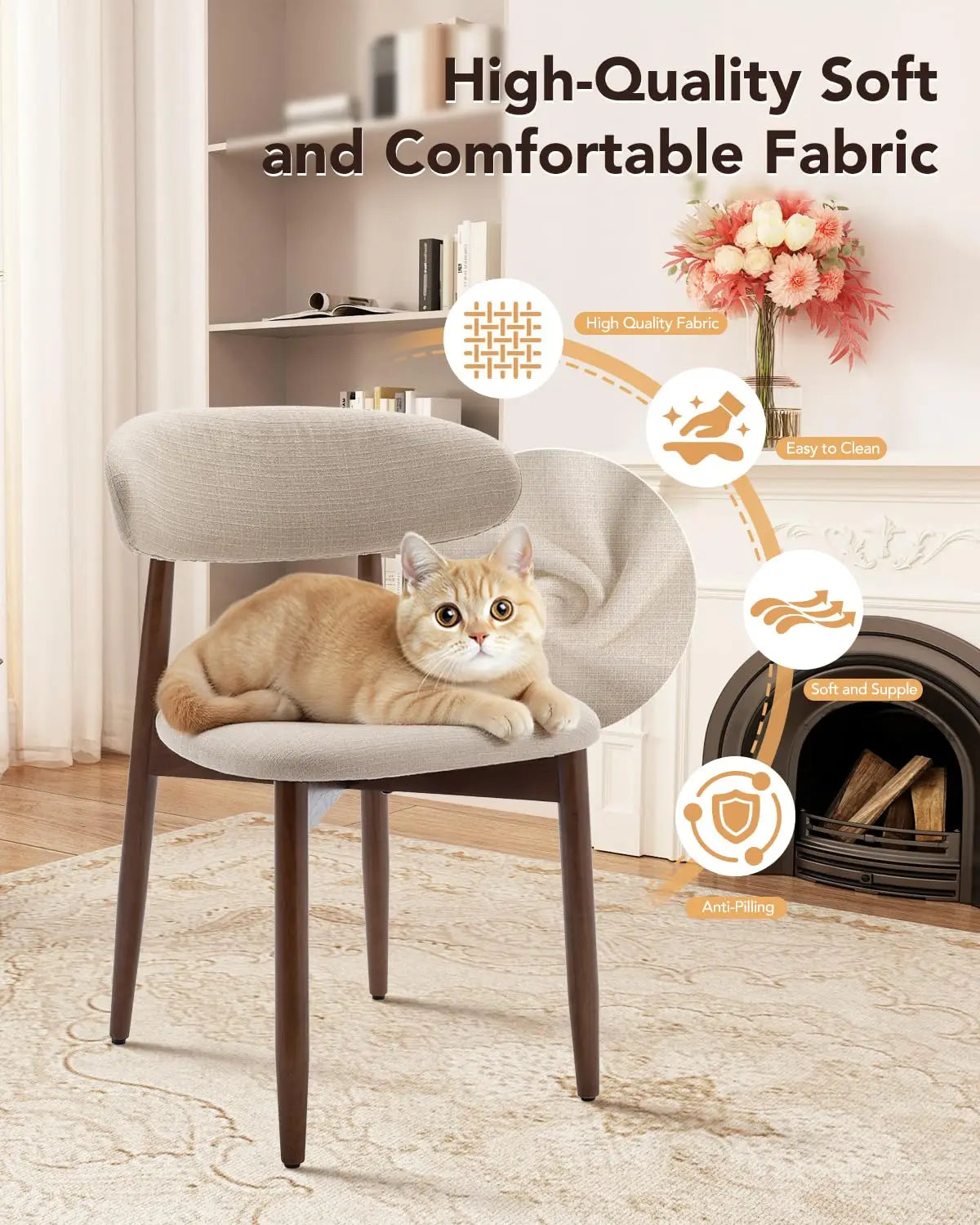 Upholstered Dining Chairs Set of 4 Modern Fabric Solid Wood Legs Kitchen Room Beige Custom