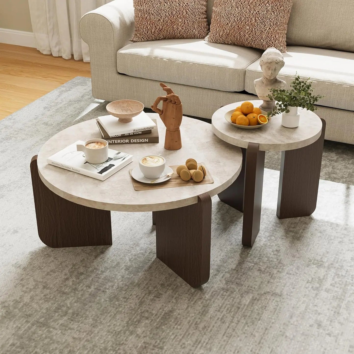 Round Coffee Table Set of 2, Nesting Tables with Honeycomb Pattern, Modern End Table for Living Room, Farmhouse,, Customized
