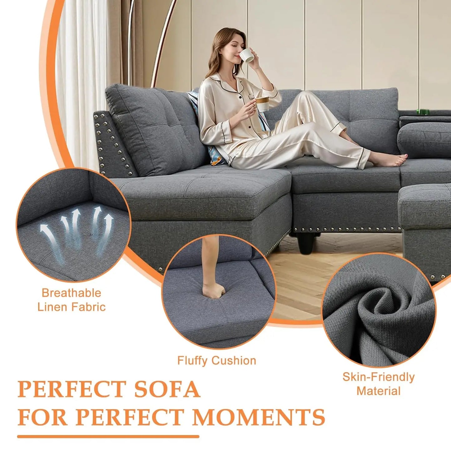 L-Shape Sectional Sofa Chaise With Ottoman And Cup Holder
