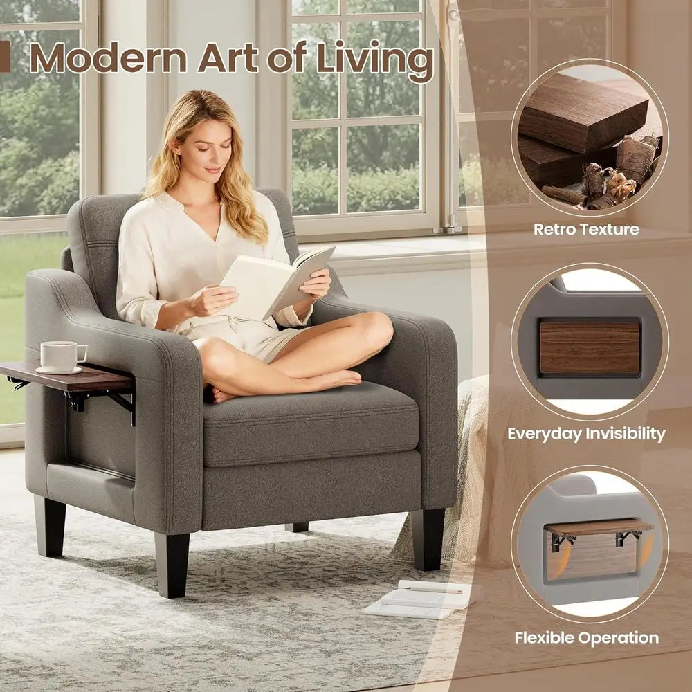 Ern Linen Upholstered Armchair Wooden Side Table Adjustable Comfortable Accent Chair for Living Room Fabric Sofa Design The Pet & Home Store