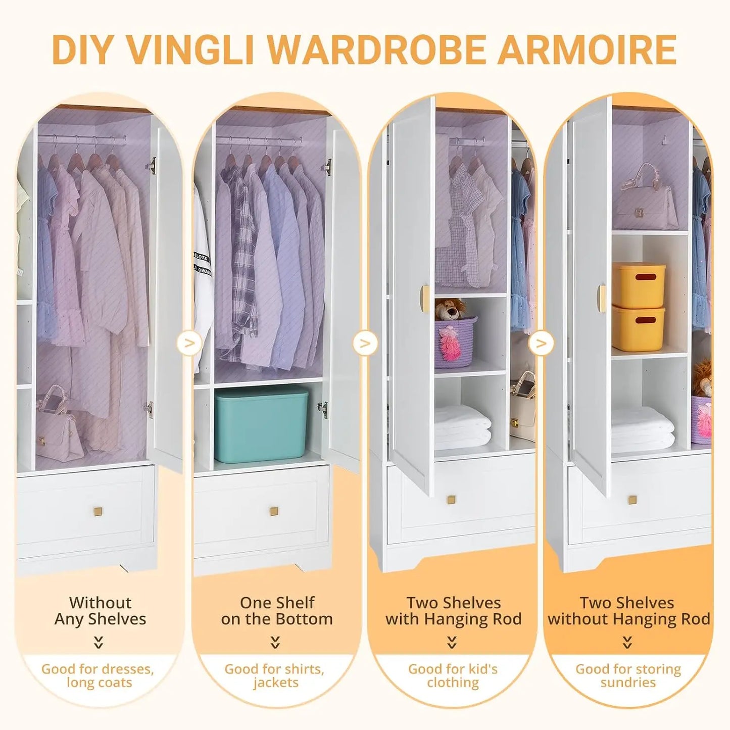 38" Wide Wardrobe Closet, White Armoire Wardrobe with Hanging Rod, Shelves and Drawer, Freestanding Closet Armoire, Custom