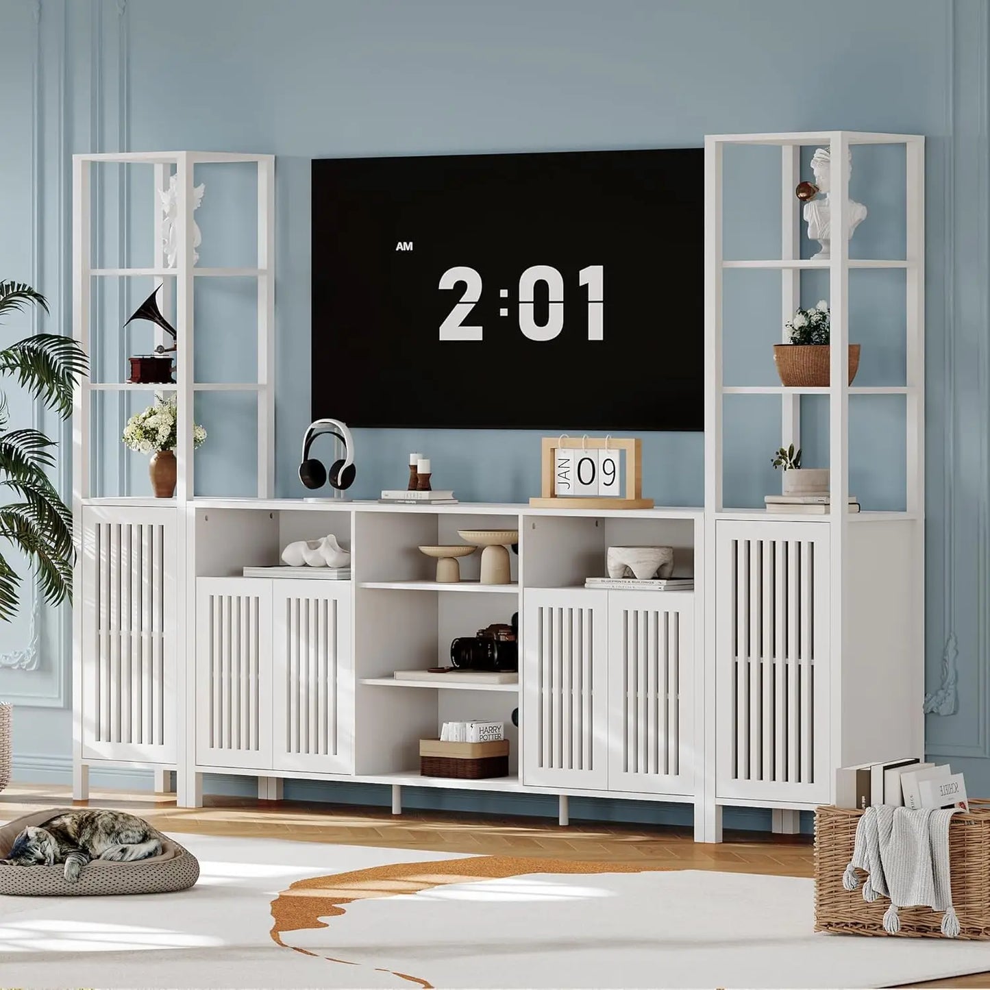 Farmhouse TV Stand Bookshelf And Storage Cabinet For Living Room