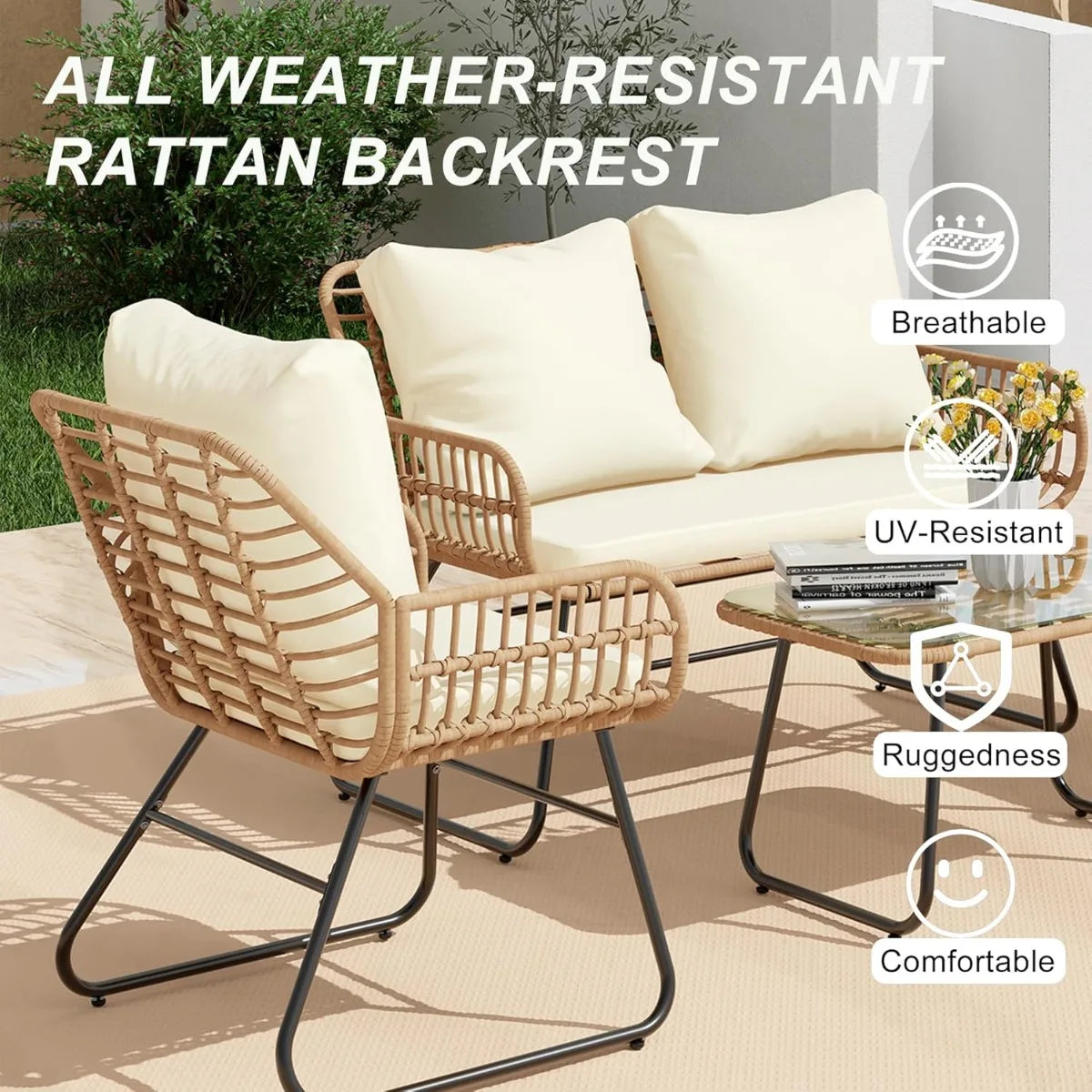4-Piece Wicker Outdoor Patio Furniture Set with Cushions & Tempered Glass Table The Pet & Home Store