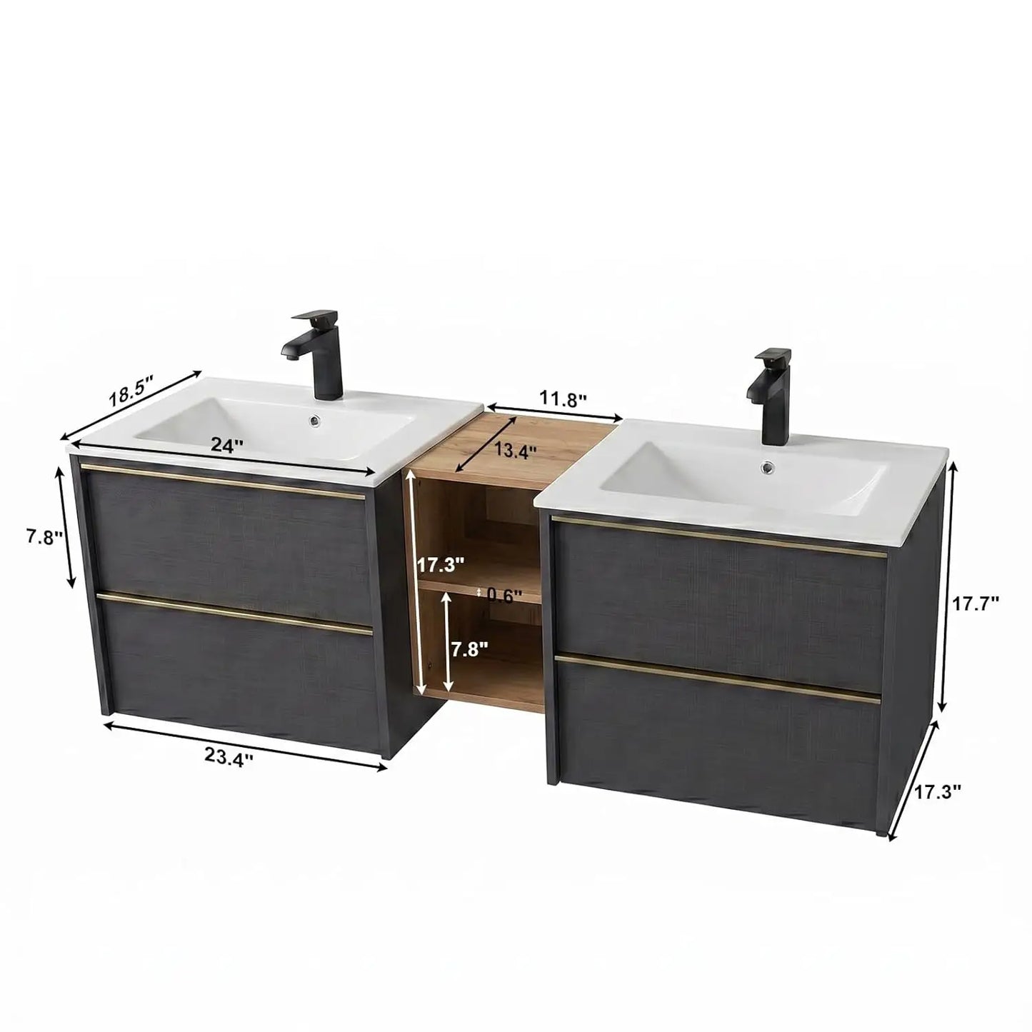 Floating Double Sink Acrylic Wood Vanity With Wall Mounted Cabinet