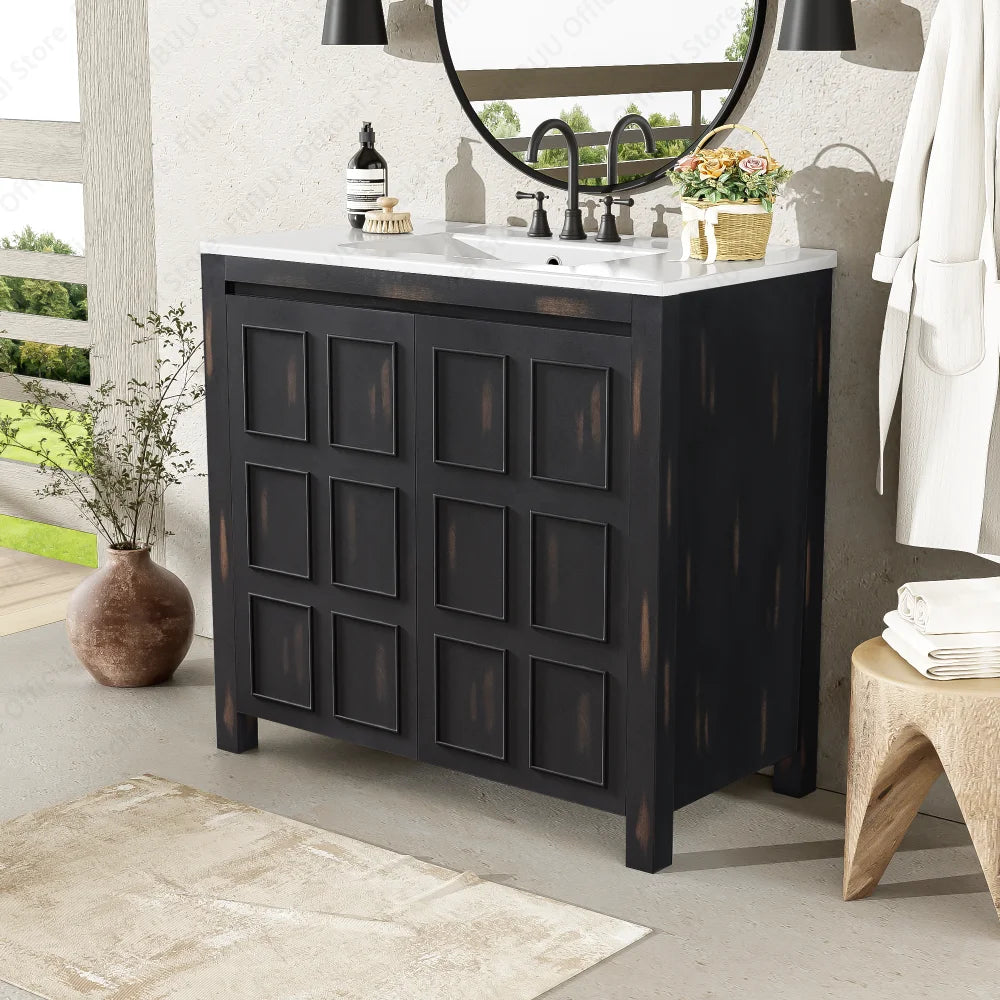 Bathroom Vanity Cabinet 36 Inch Solid Wood Organizer with Ceramic Sink Basin Storage Cabinet Bathroom Vanity Durable Soft-Close
