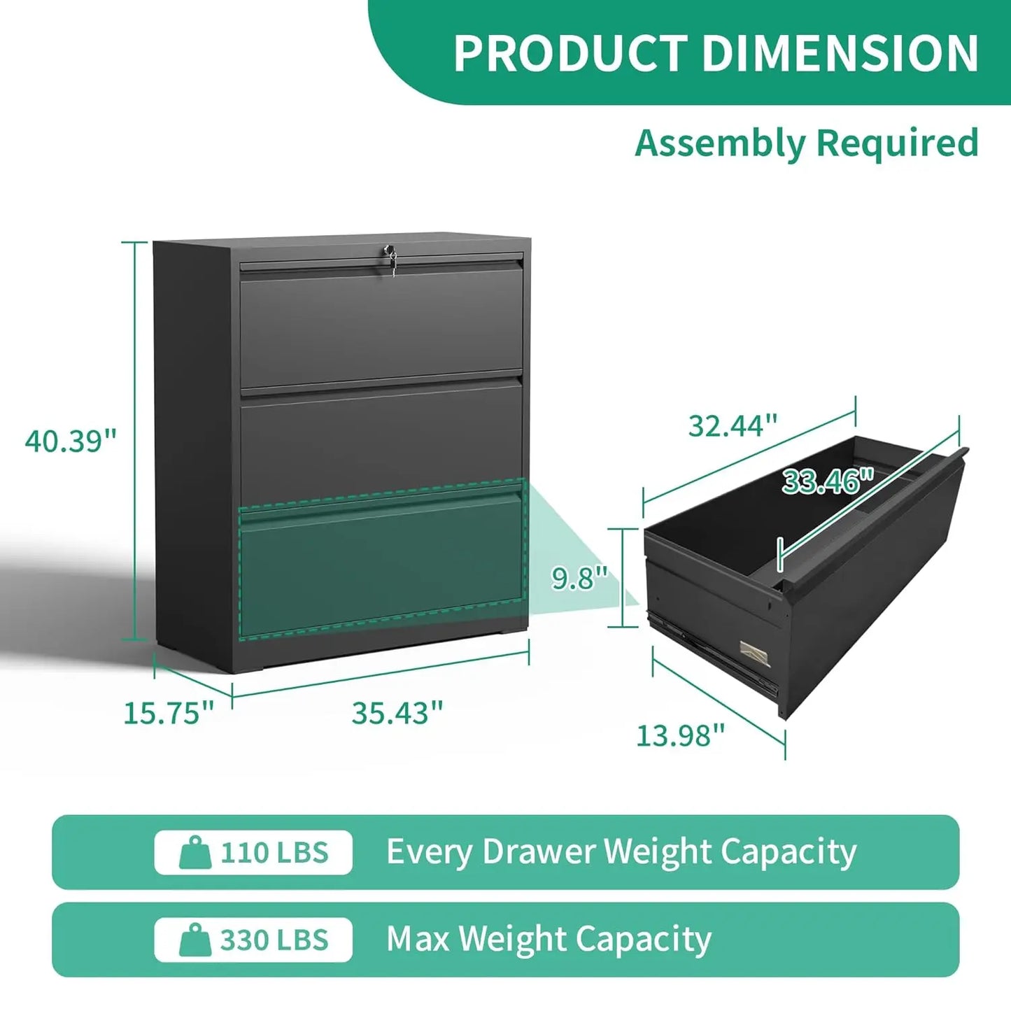 3 Drawer Lateral File Cabinet With Lock Metal Office Storage