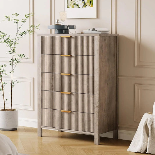 HobbyLane 5 Drawer Oak Dresser With Gold Handles Living Room