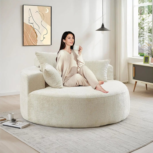 Oversized Round Chaise Longue Chair Indoor, Modern 55-inch Upholstered Chenille Deep Seat Circle Single Cloud, Customized