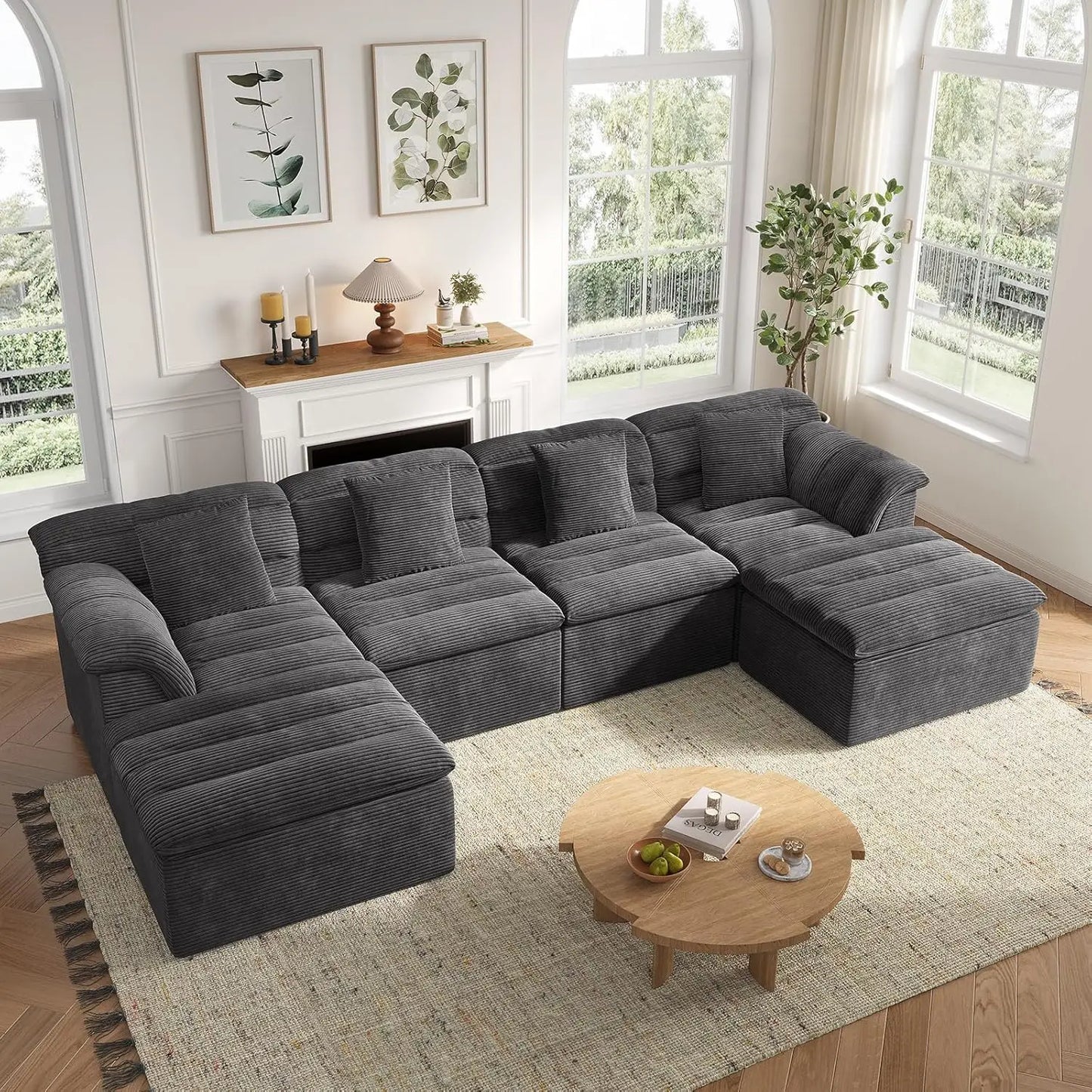 142" Modular Cloud Sectional Couch with Ottoman Modern Upholstered Compressed Sofa Deep Seat, Comfy U-Shape Corduroy Couches