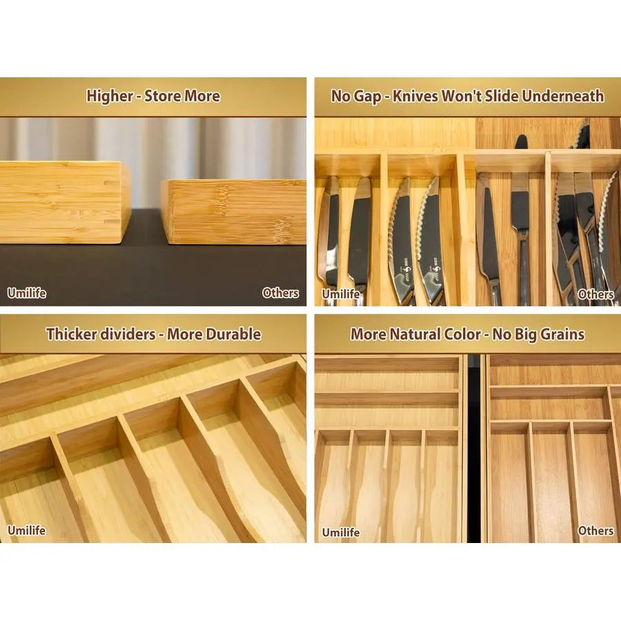 Bamboo Expandable Kitchen Silverware Drawer Organizer With Grooves