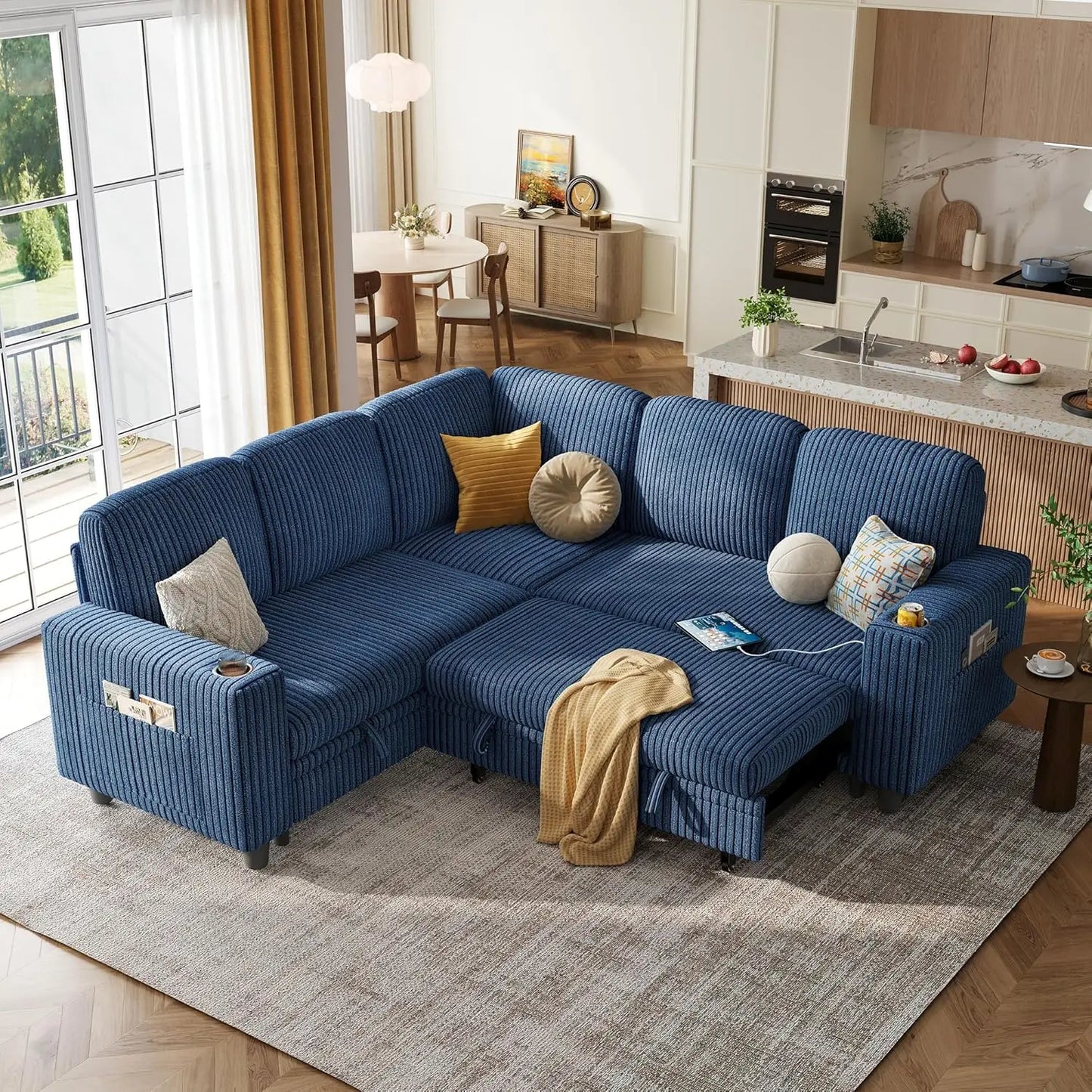 Convertible Sleeper Sectional Sofa With Storage Chaise USB Pullout