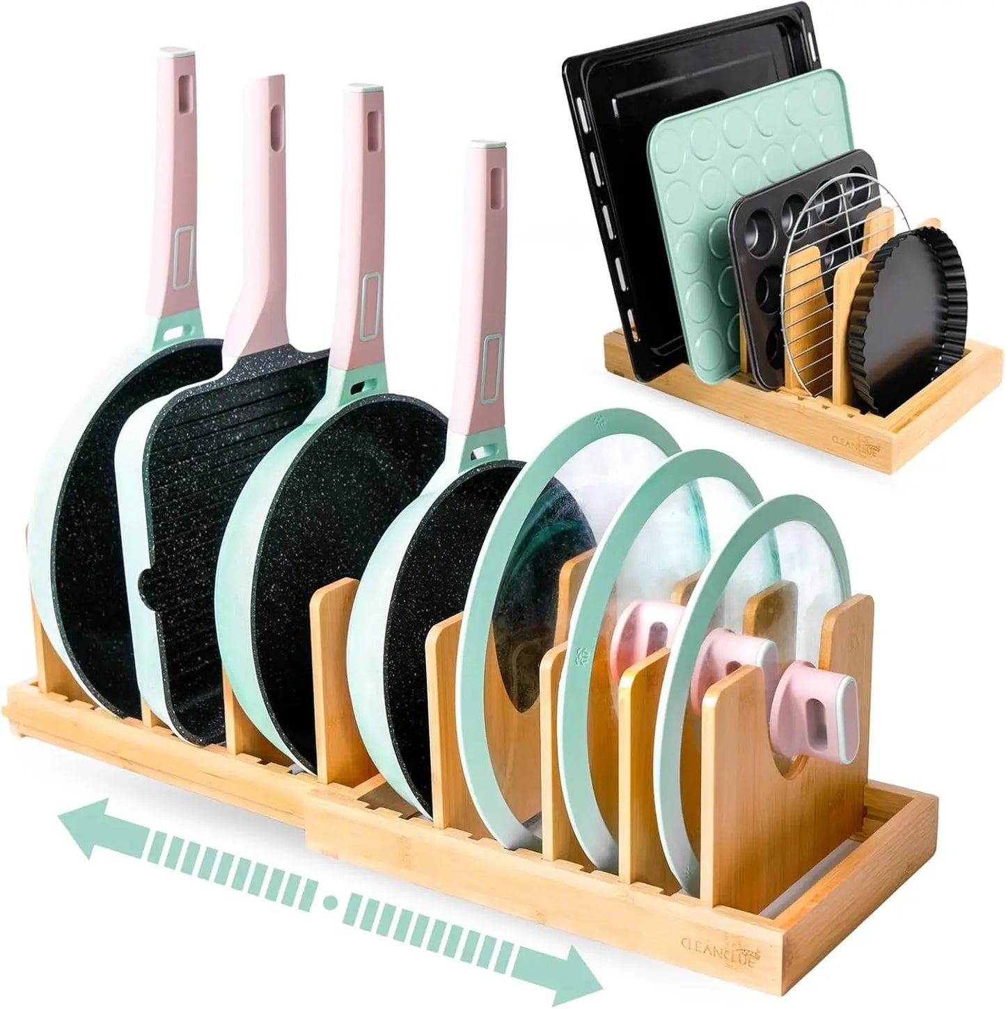 Bamboo Under Cabinet Pots And Pans Organizer With Expandable Lids