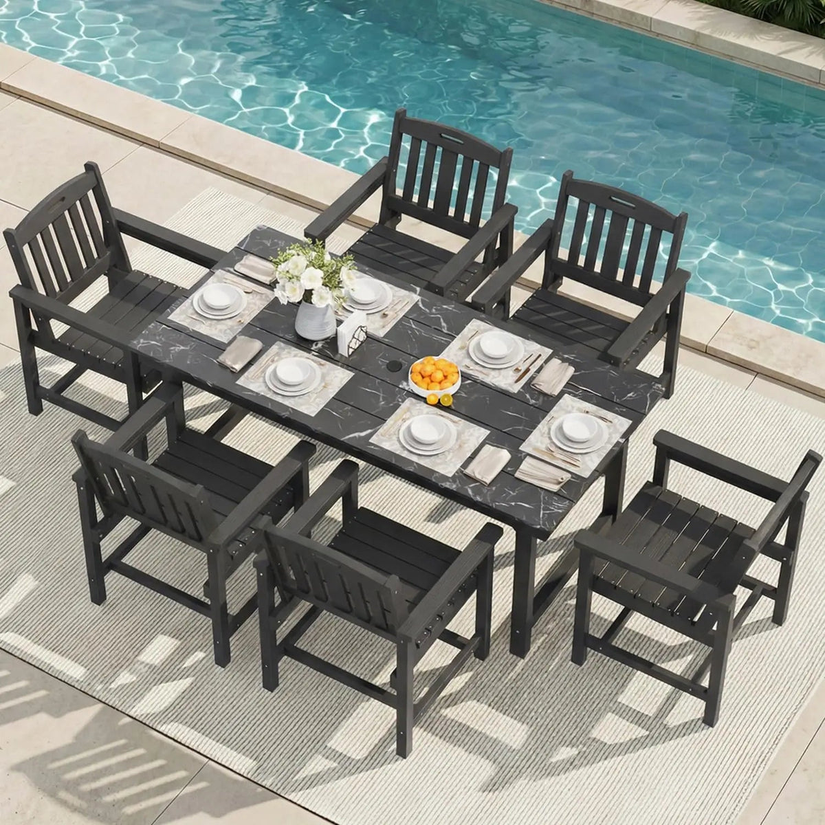 7pc HIPS Outdoor Dining Set 66.9in Table Umbrella Hole 440lb 6 Wide Chairs Galvanized Steel Navy Blue Customized The Pet & Home Store