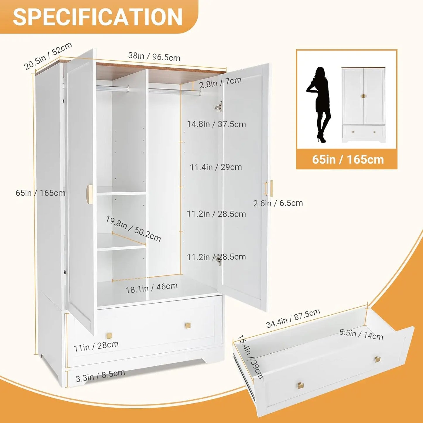 38" Wide Wardrobe Closet, White Armoire Wardrobe with Hanging Rod, Shelves and Drawer, Freestanding Closet Armoire, Custom