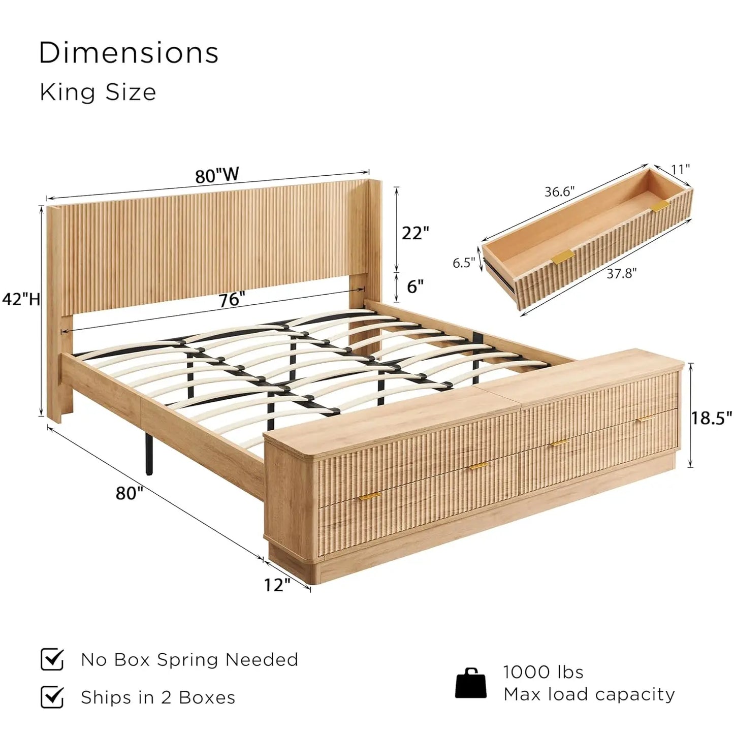 XIAOLANG Fluted King Bed Frame With Wingback Headboard Footboard Storage