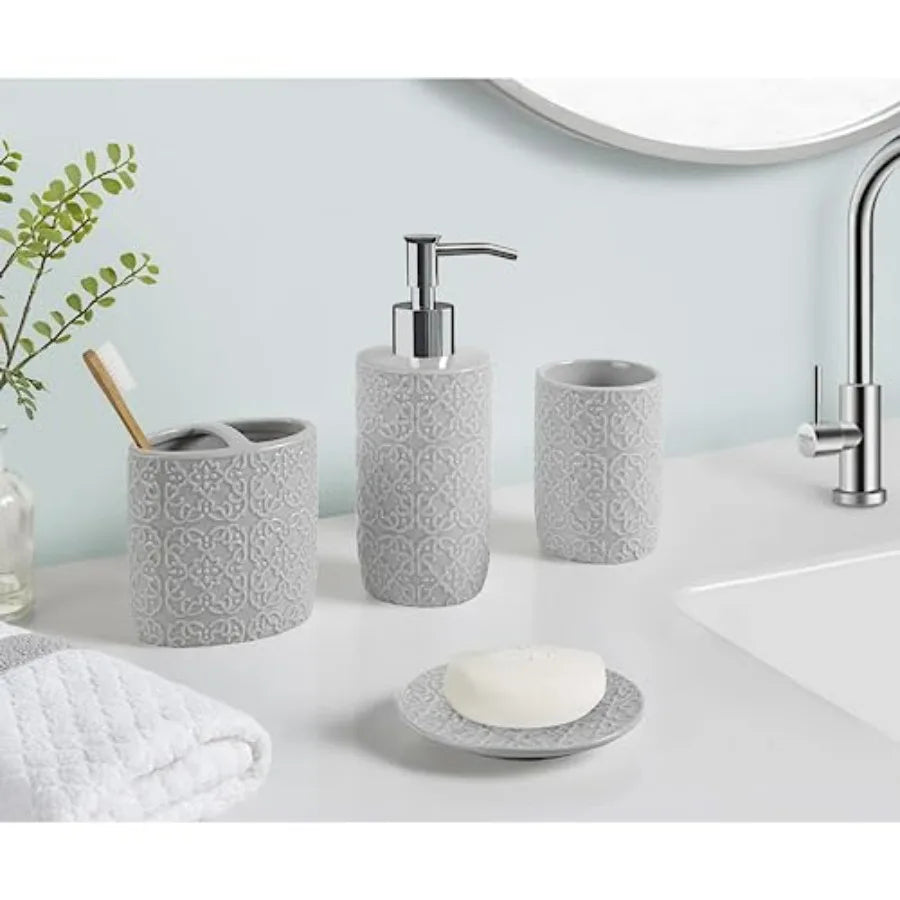 Ceramic Bathroom Accessories Set With Embossed Damask Medallion Dispenser