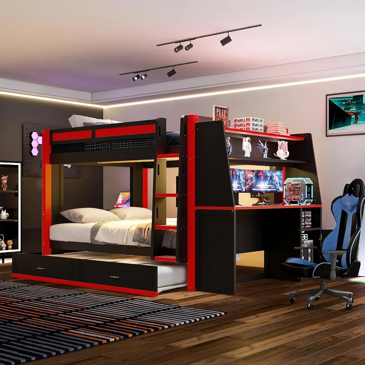 Full Over Full Multifunctional Bunk Bed with Desk and Bookshelves, Drawers, Space-Saving Wooden Bunk Bed for Kids &, Customized