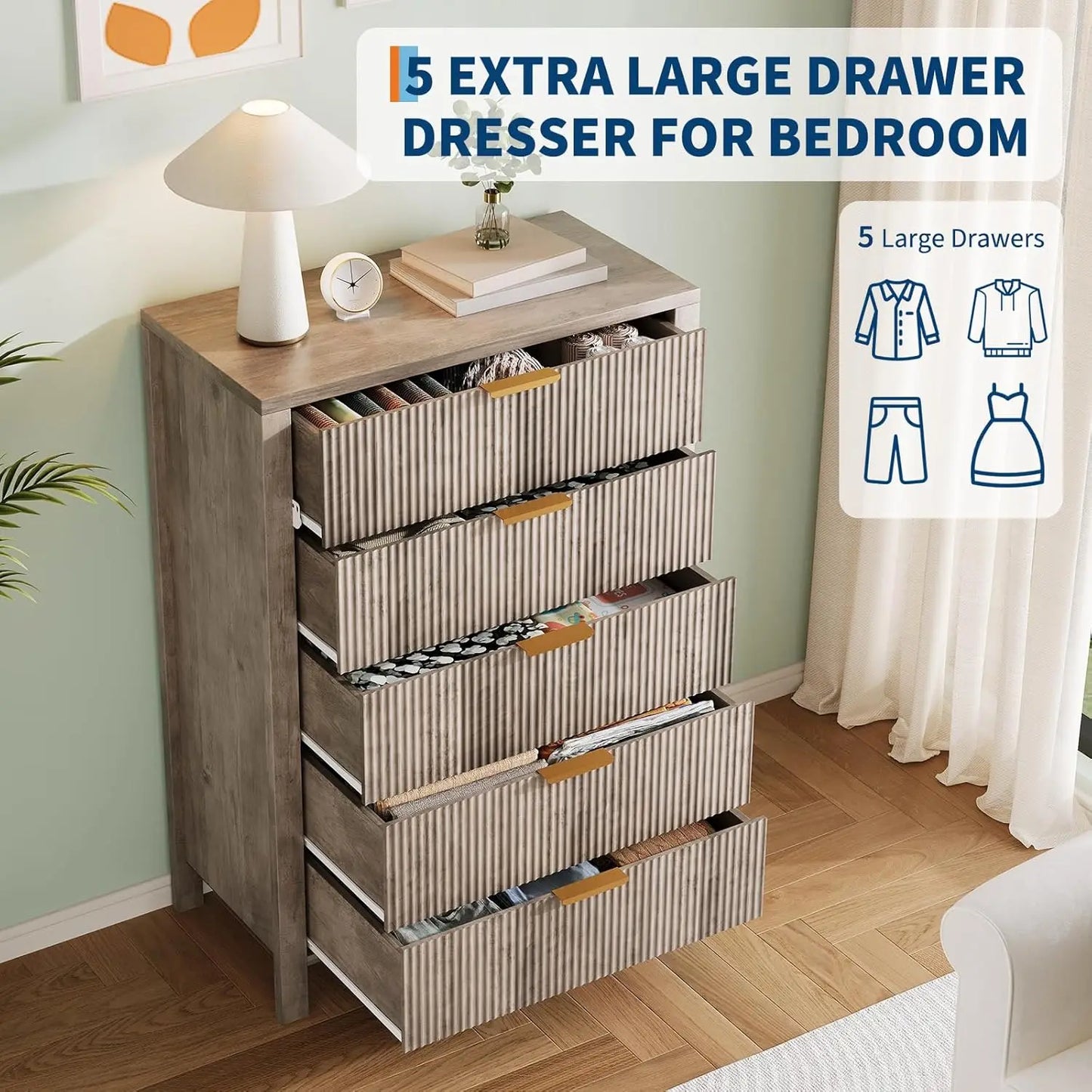 HobbyLane 5 Drawer Oak Dresser With Gold Handles Living Room