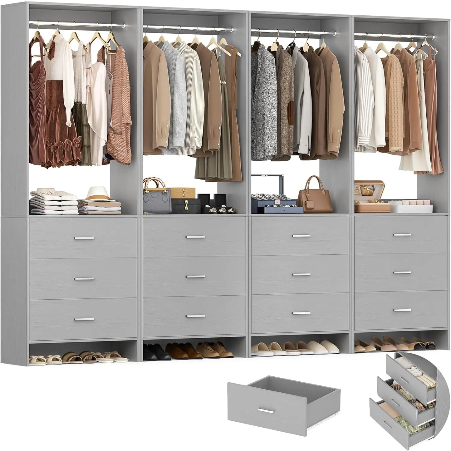 Wood Closet Organizer System With Hanging Rods For Walk In Wardrobe Set Of 4