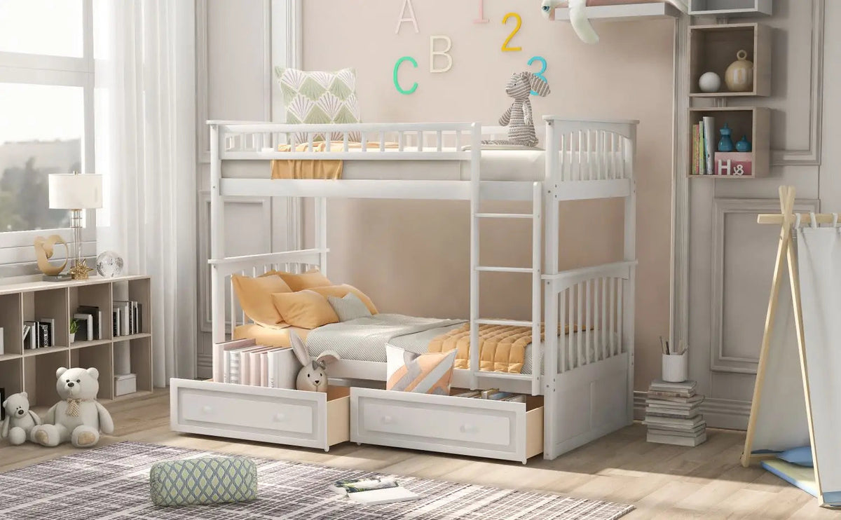 Twin over Twin Bunk Bed with Drawers, Convertible Beds, White(Old SKU: SM000240AAK-1) The Pet & Home Store