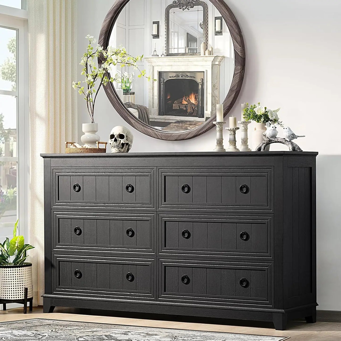 6 Drawer Farmhouse Wood Dresser Chest Vintage TV Stand