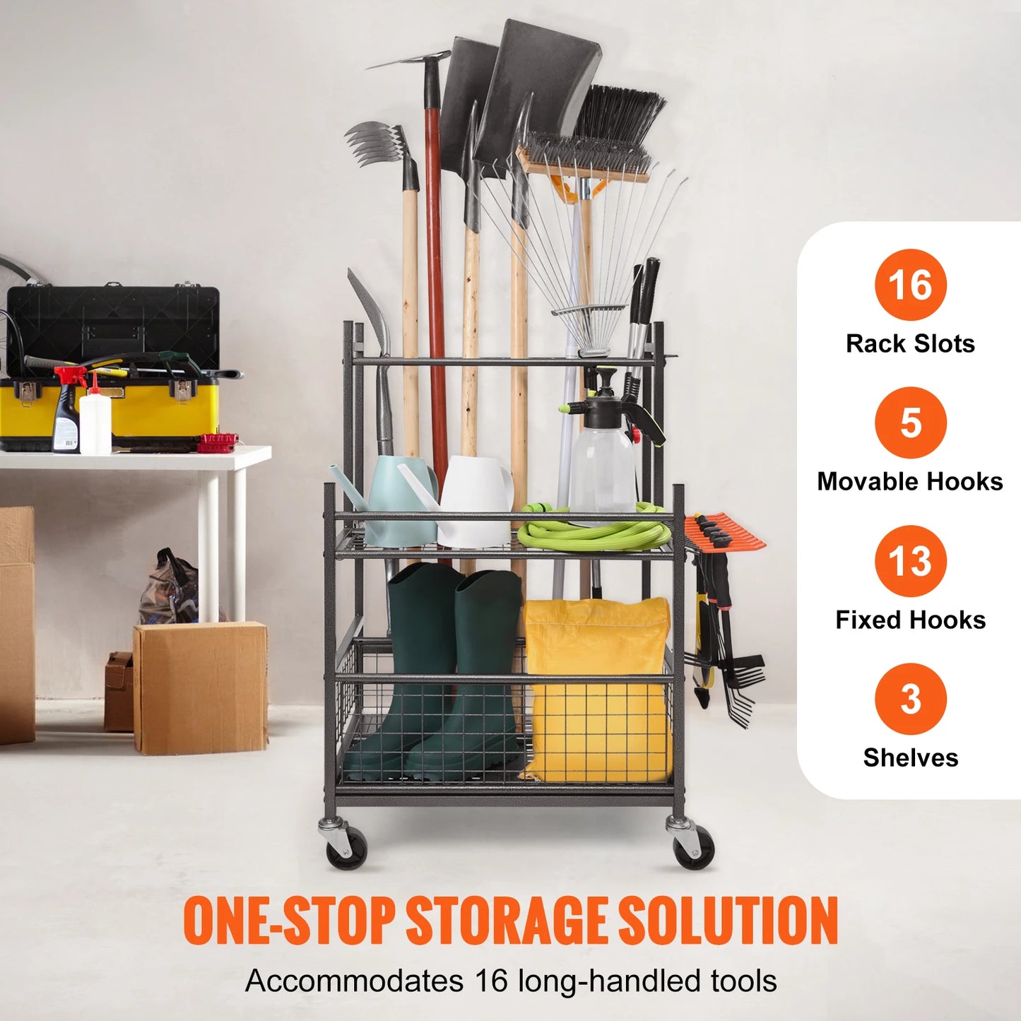 SucceBuy 16-Slot Garden Tool Organizer Rack With Hooks And Wheels