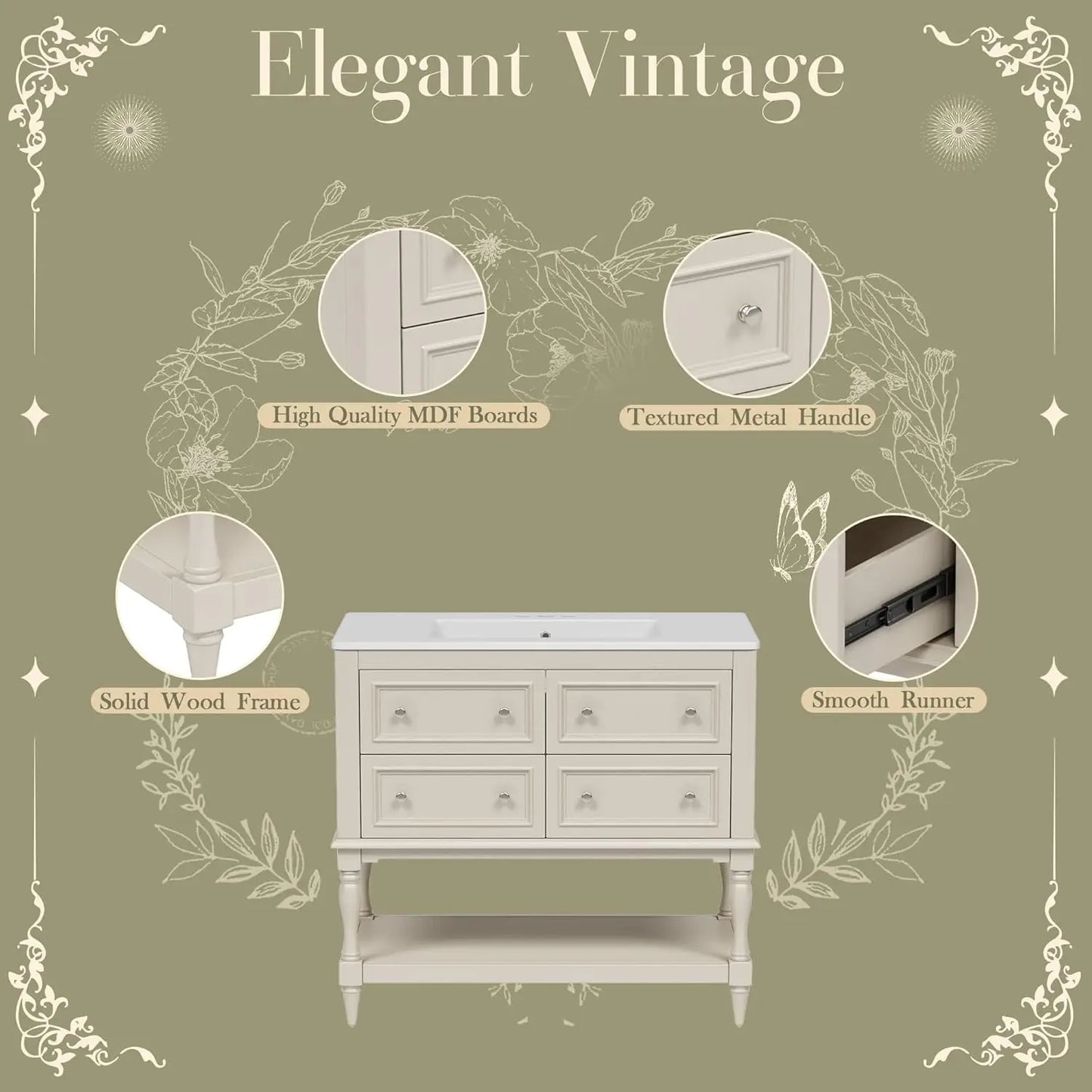 36" Bathroom Vanity with Sink Farmhouse Storage Cabinet 4 Drawers Open Shelf Solid Wood Frame Bath Furniture Customized