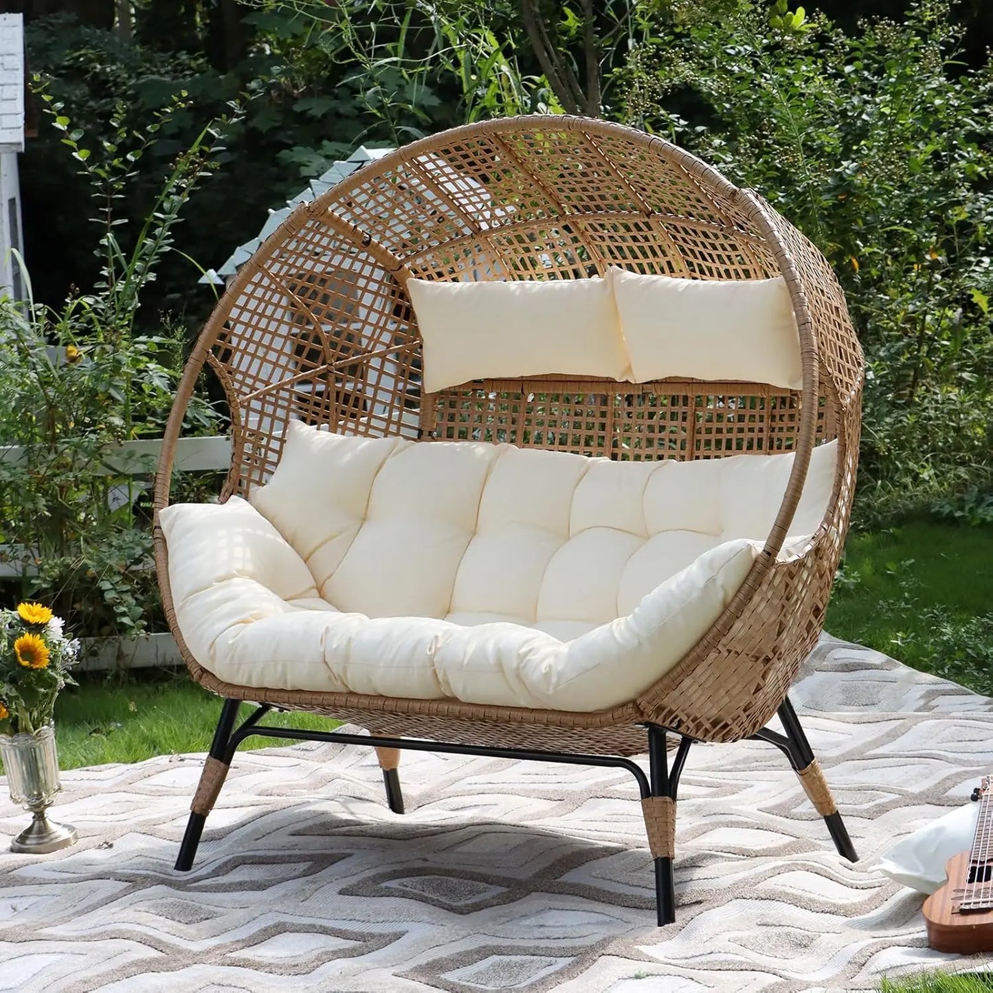 Oversized Double Egg Chair Wicker Rattan Lounge Loveseat with Legs for Patio Garden Backyard Living Room Beige, Customized