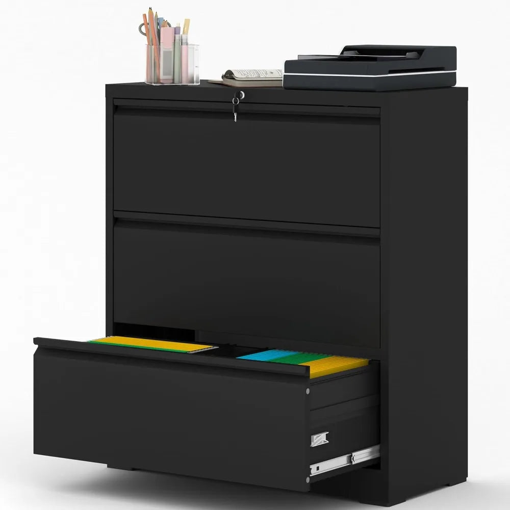 3-drawer lateral file cabinet with lock, black metal heavy duty for home office hanging letter files