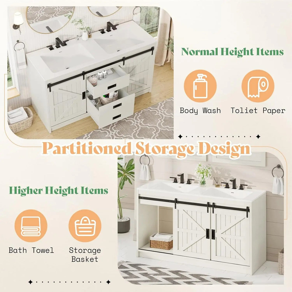 61" Farmhouse Double Bathroom Vanity with Sink Combo, Dual Basin Bathroom Storage Cabinet with Sliding Barn Doors & Drawers The Pet & Home Store