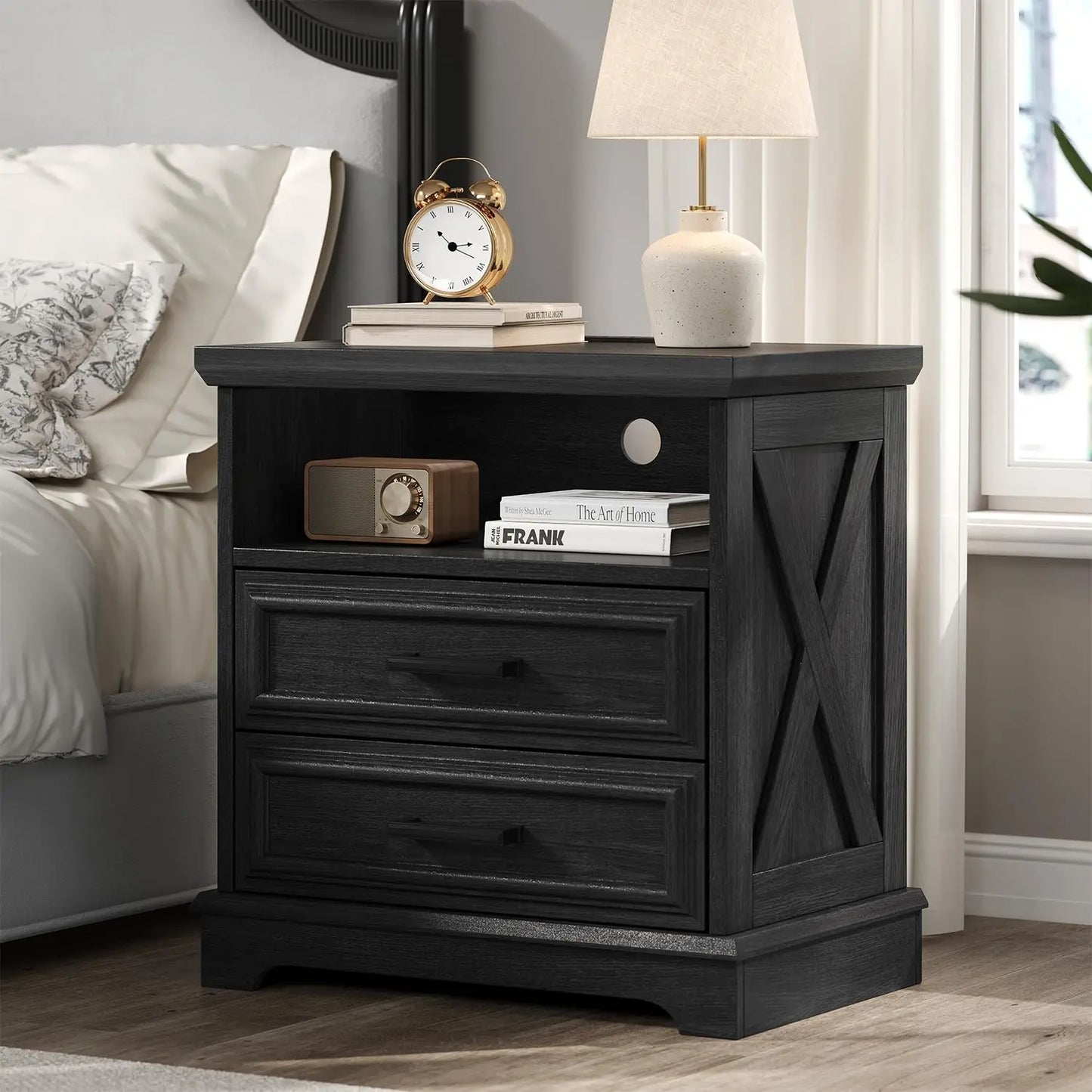 24 Inch Wide Farmhouse Nightstands Set of 2 with Charging Station, Dark Gray Nightstand with 2 Large Drawers,, Customized