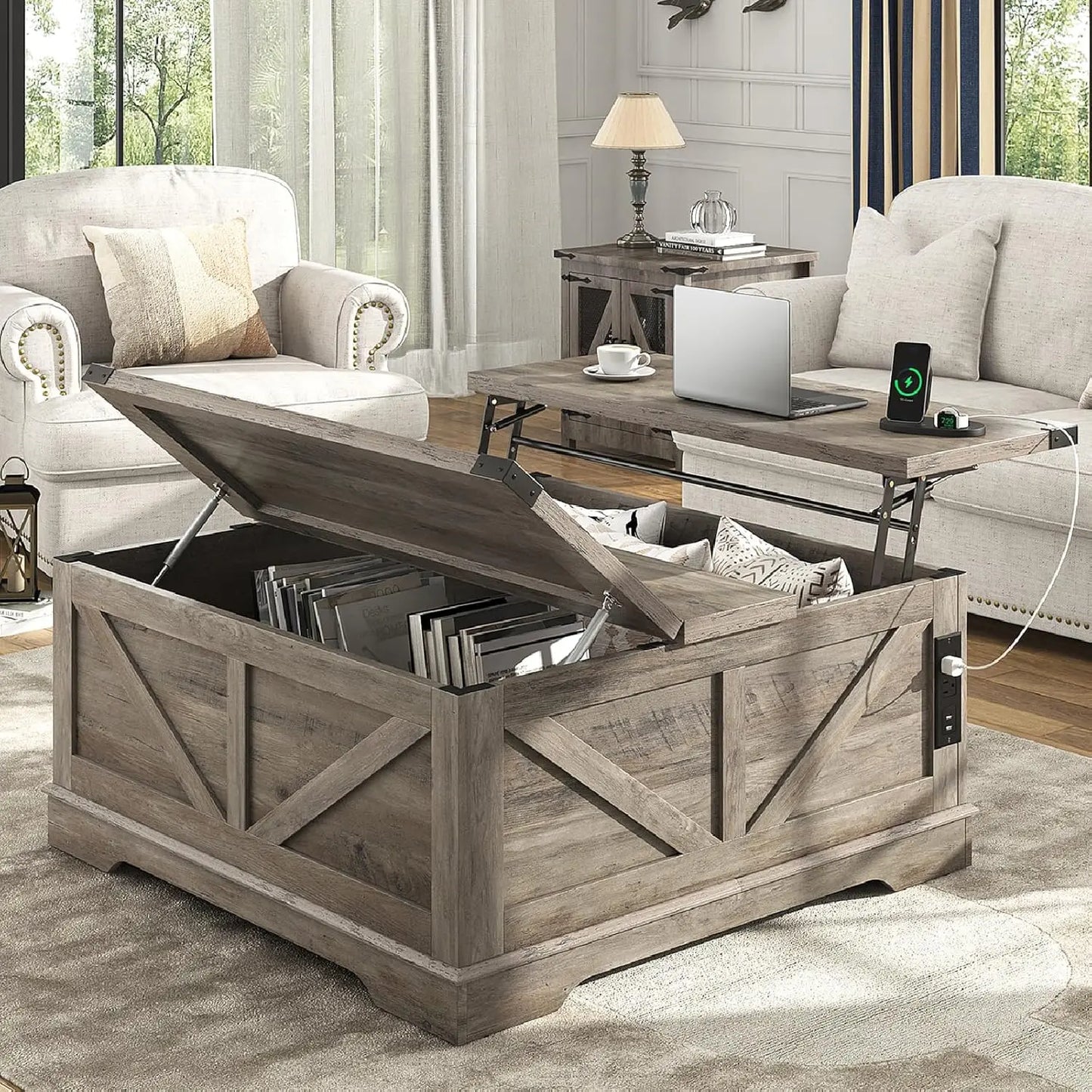 40" Farmhouse Lift Top Coffee Table, Power Outlets & Large Hidden Storage, Square Wood Living Room Table, Custom