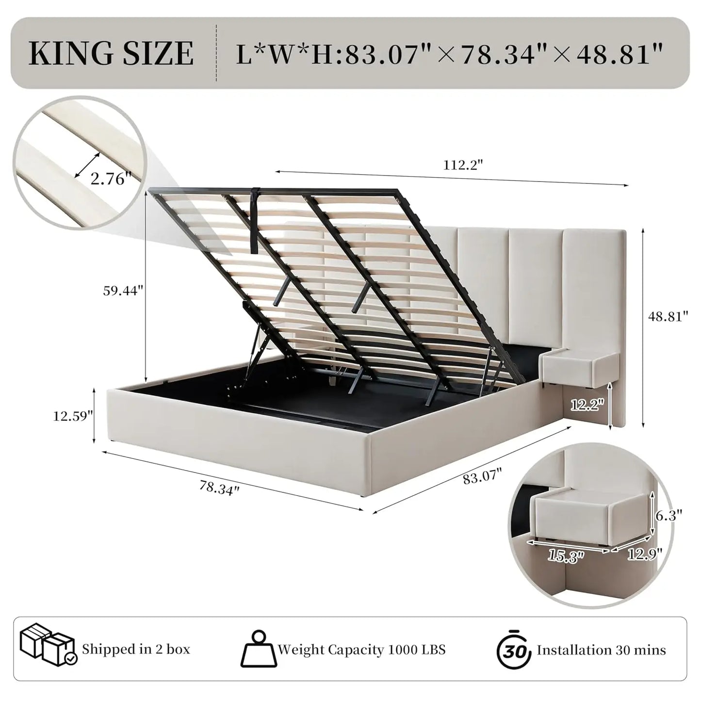 King Upholstered Platform Bed With Lift-Up Storage Velvet Headboard
