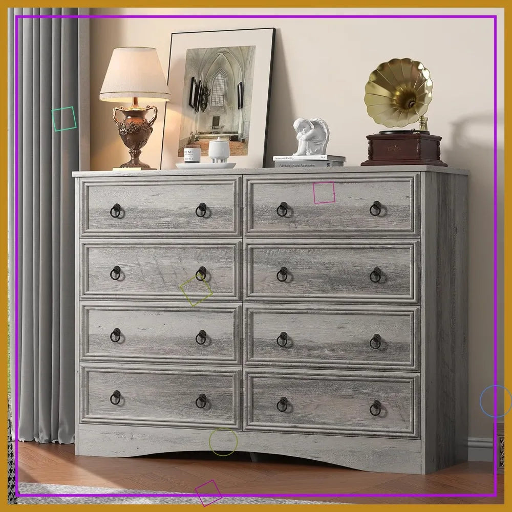 Grey 8 Drawer Dresser for Bedroom, Wood Chest of Drawers, Large Storage, Vintage Design, 47.24Wx15.75Dx39.4H