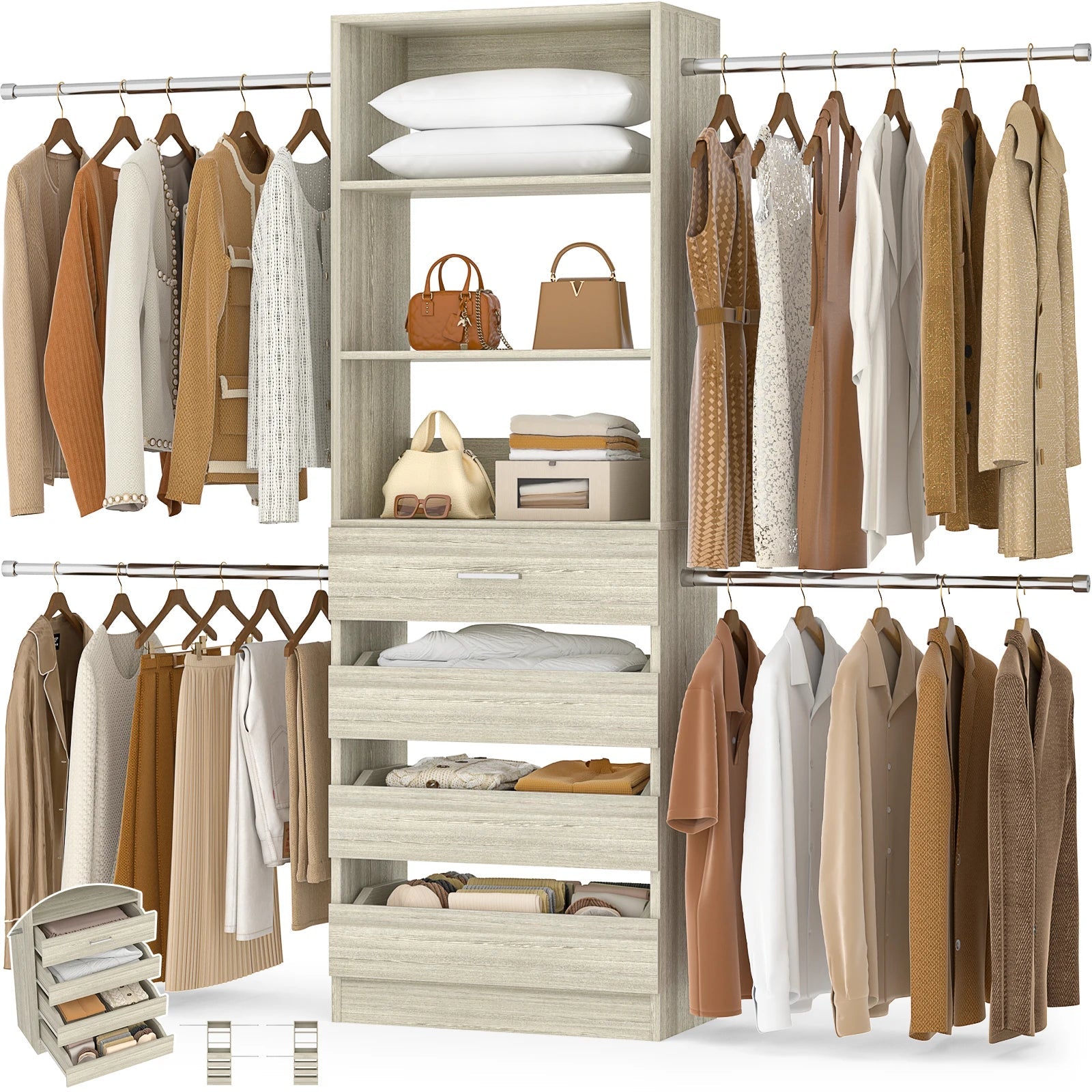 4-9Ft Closet System with 4 Wooden Drawers, Walk-in Closet Organizer Wardrobe Clothes Rack with 4 Hanging Rods, Garment Rack The Pet & Home Store