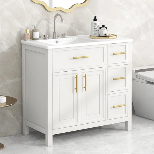 Solid Wood Bathroom Vanity With Offset Sink And Dual Doors