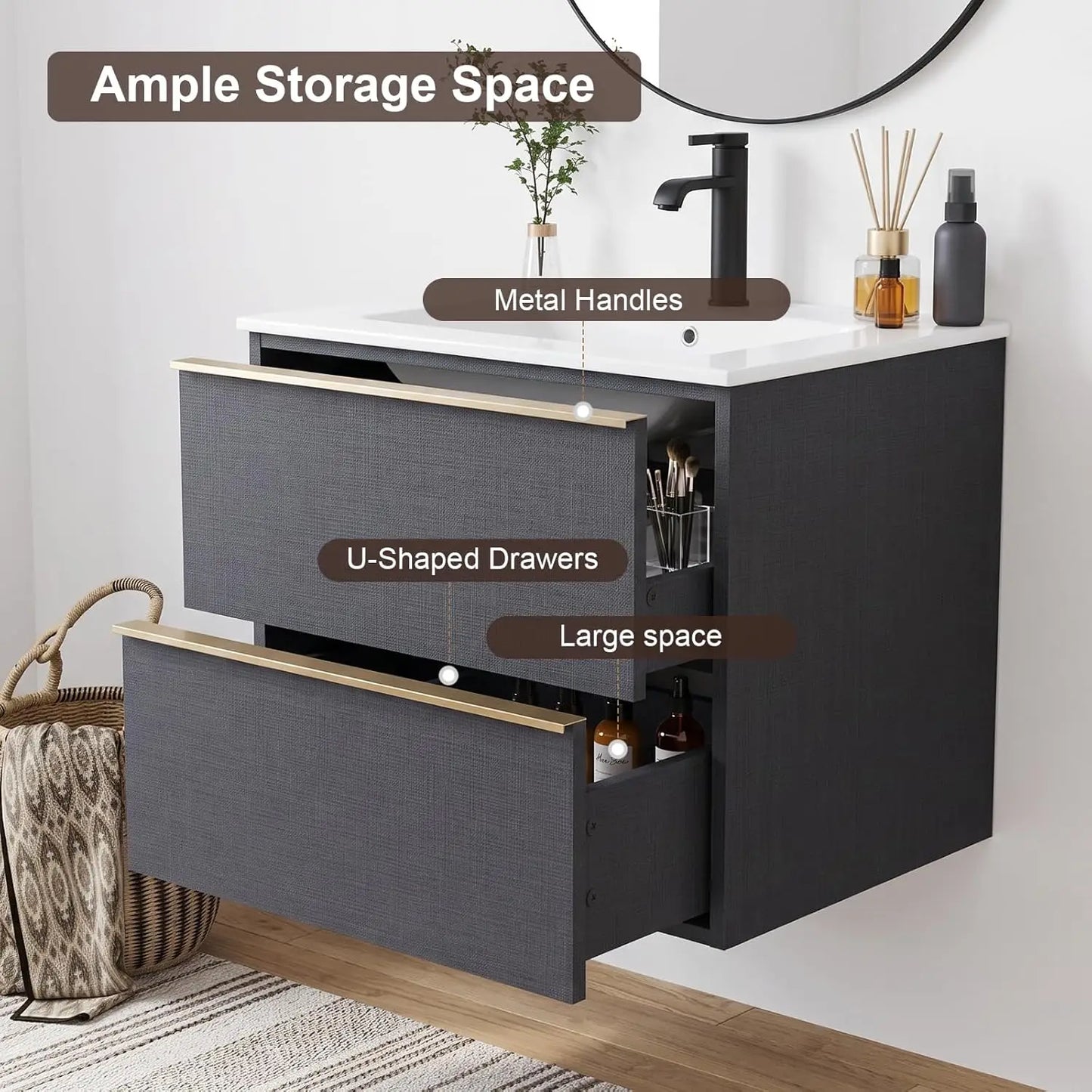 Floating Double Sink Acrylic Wood Vanity With Wall Mounted Cabinet