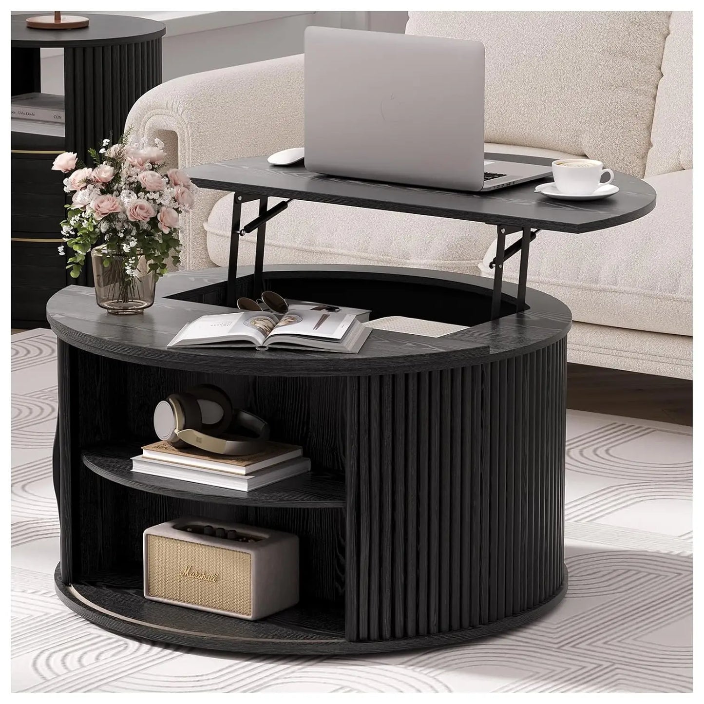 Round Coffee Table With Hidden Storage Walnut Wood Drum Table