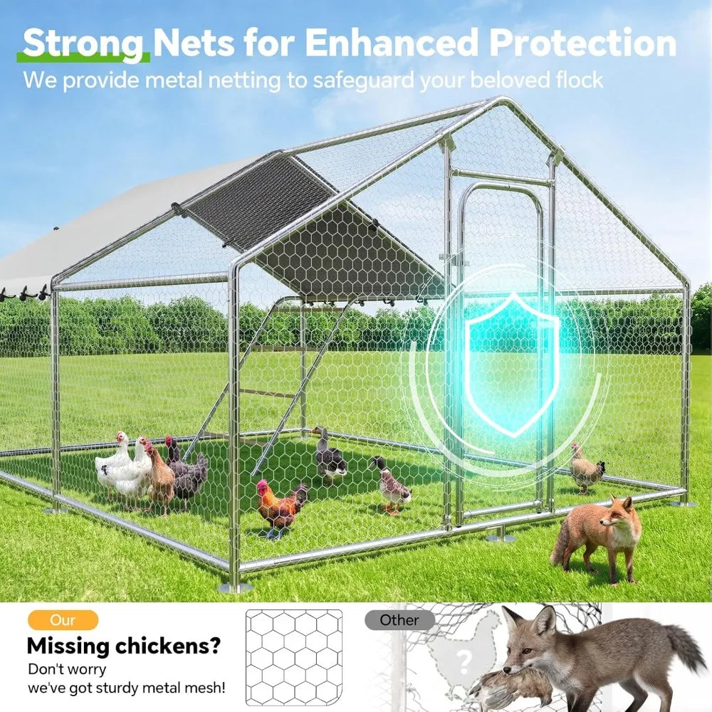 Large Metal Chicken Coop 9.8'x13.2'x6.4' Walk-in Run Outdoor Cage Rabbit Duck Hen House Spire Roof