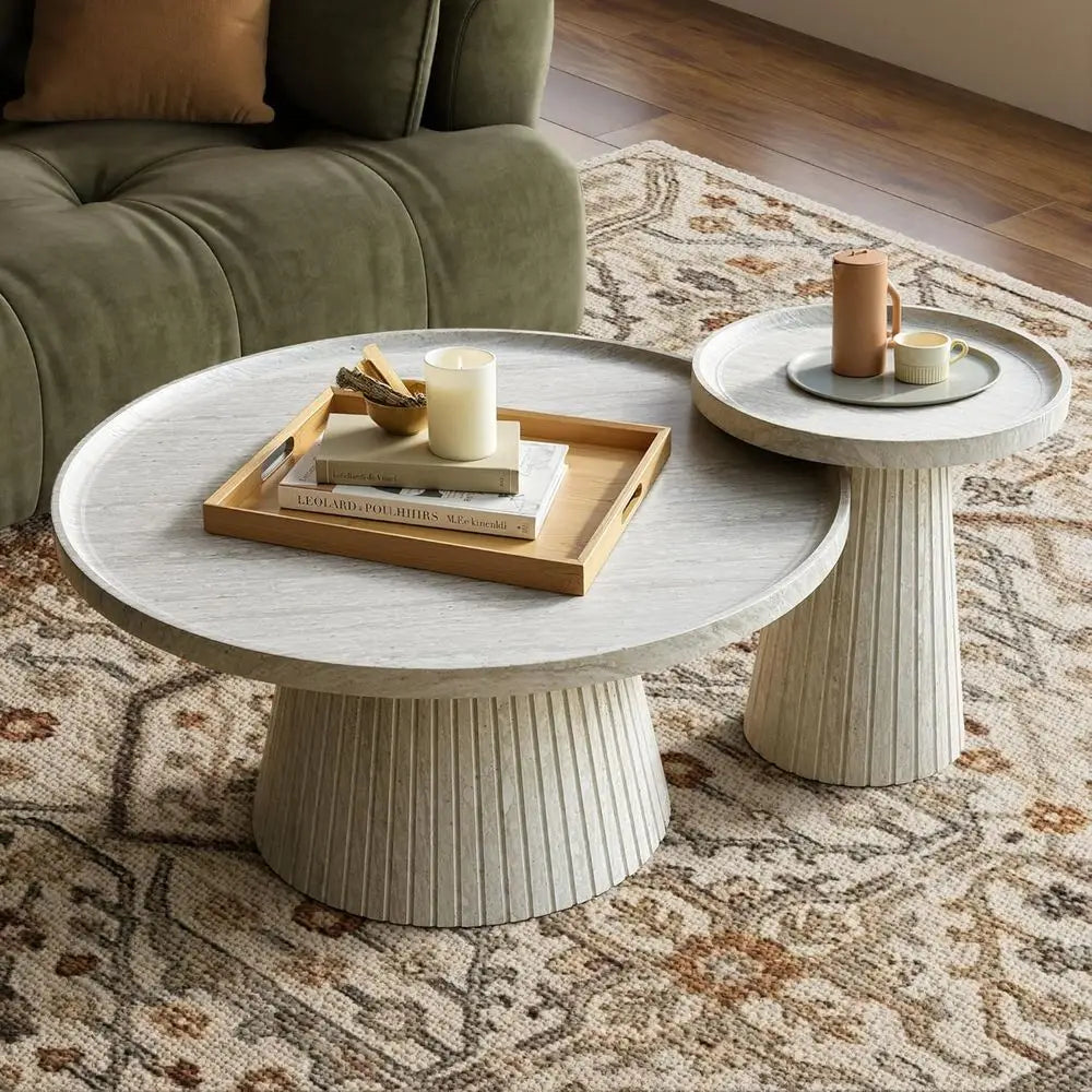 Nesting Coee Table Set o 2, ern luted Coee Table with aux Stone Veneer, Travertine Round Tea Table