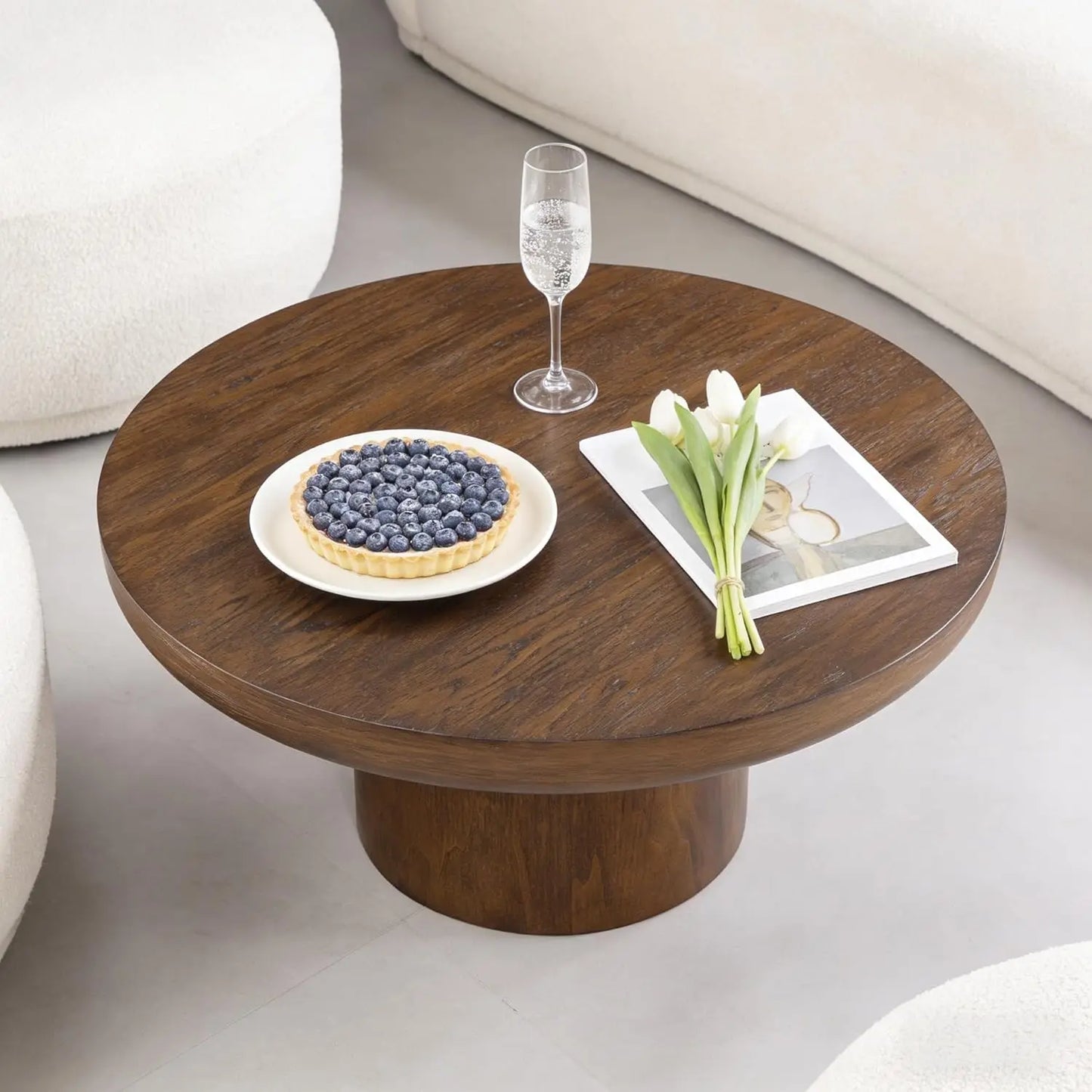 Wood Pedestal Coffee Table For Living Room Minimalist Modern Circle