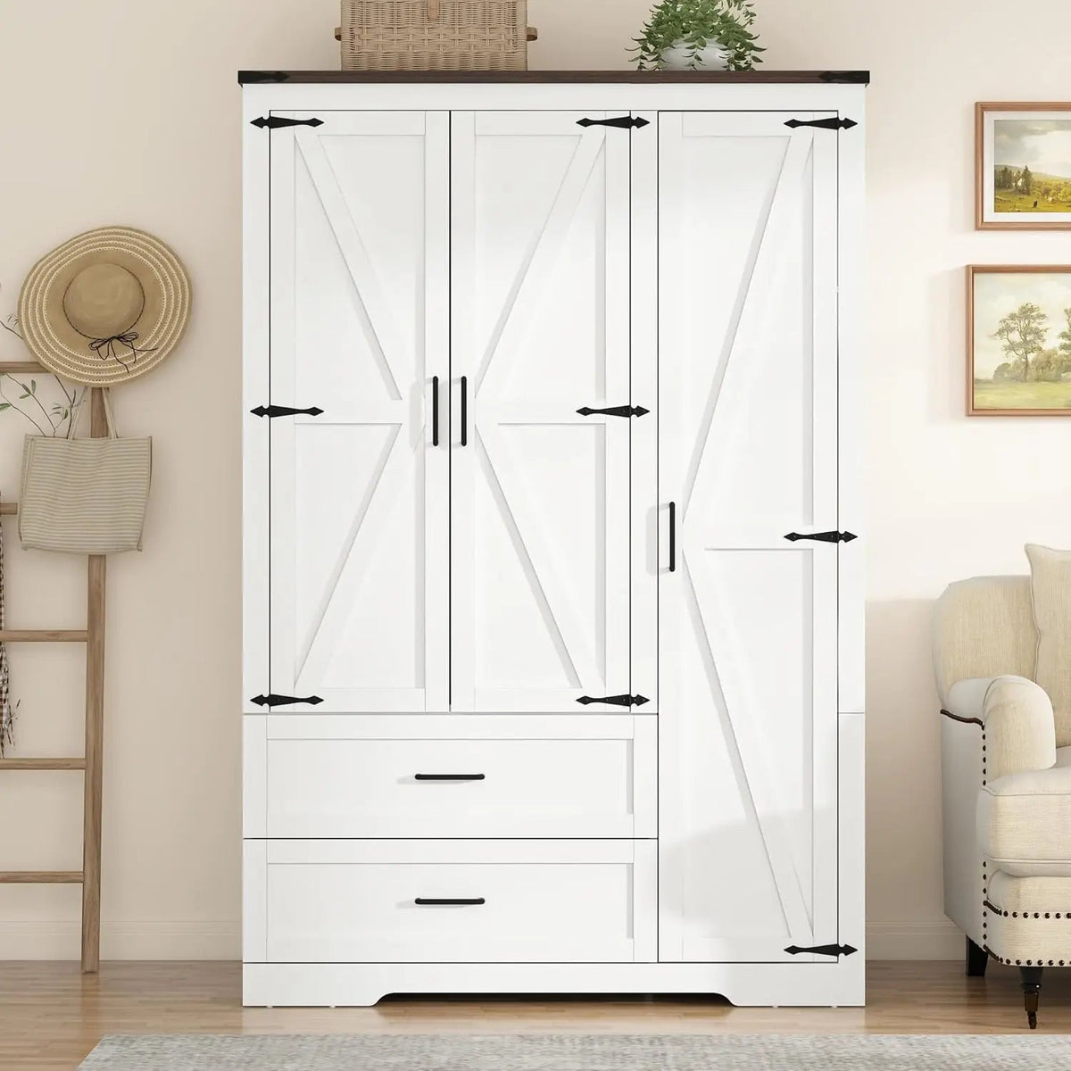 Farmhouse Wardrobe Armoire Closet with 3 Doors and 2 Drawers, 70.1" Wooden Clothing Storage Cabinet, Freestanding Large, Custom The Pet & Home Store