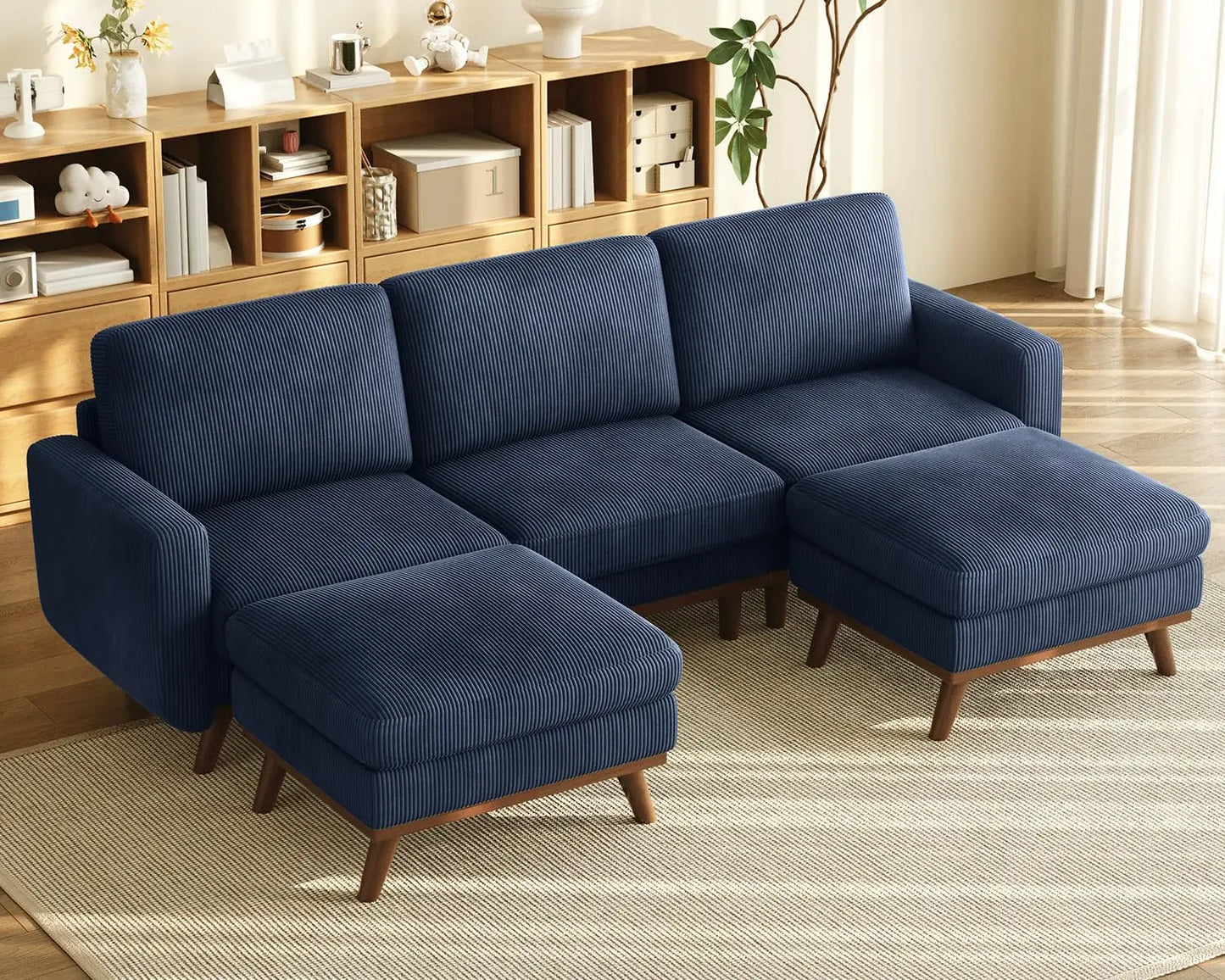 Corduroy L-Shape Modular Sofa With Movable Ottoman Sectional