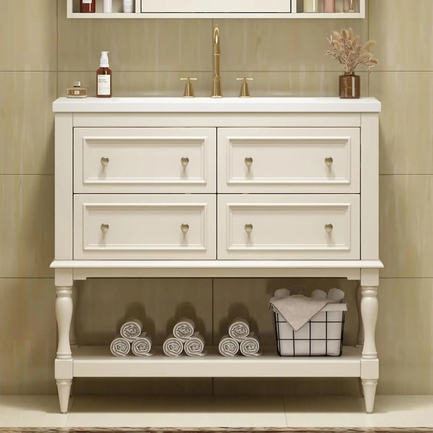 36" Bathroom Vanity with Sink Farmhouse Storage Cabinet 4 Drawers Open Shelf Solid Wood Frame Bath Furniture Customized