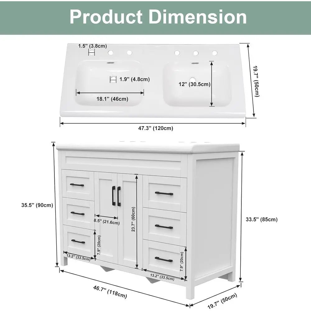 48 Inch Bathroom Vanity with Sink, Bathroom Vanity Cabinet with Doulble Sink, Bath Vanities with 2 Doand 4 Ders, White (20" D x