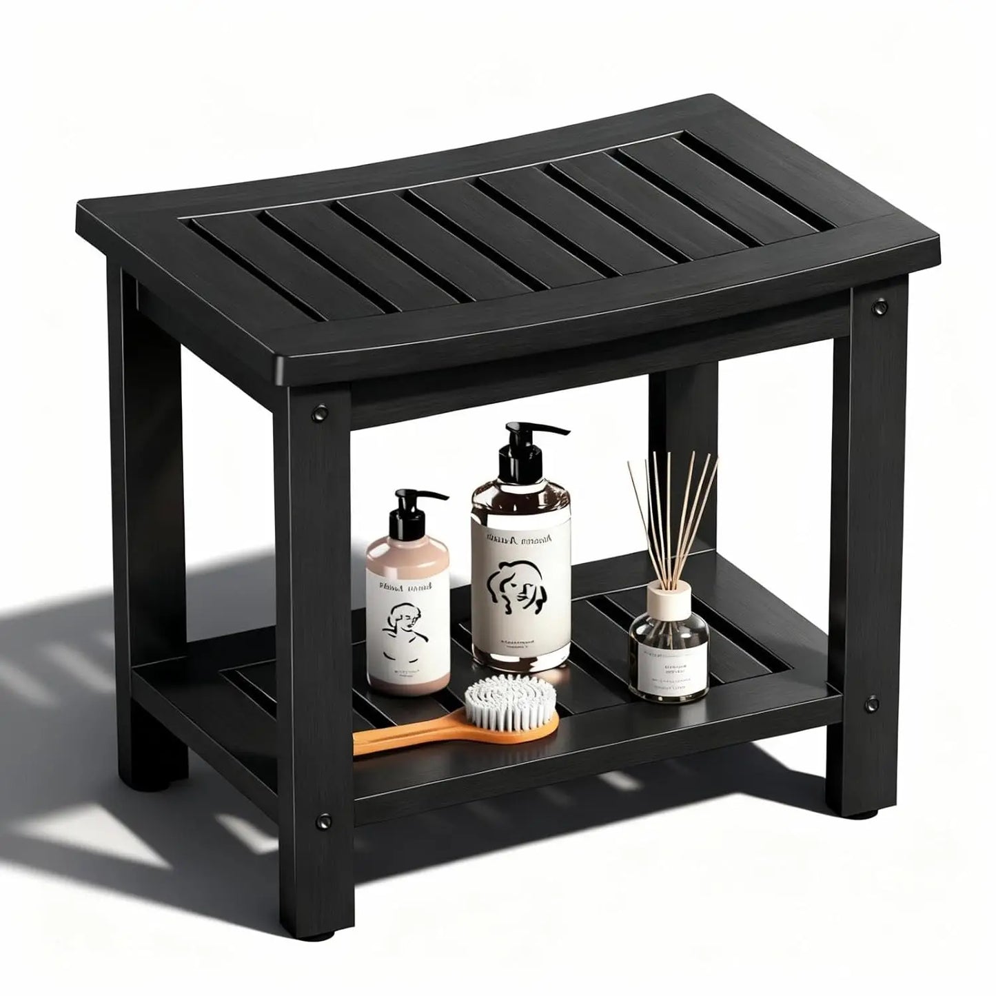 21" Poly Lumber Waterproof Shower Bench with Storage Shelf, Non-Slip Faux Wood Shower Stool for Bathroom, Indoor &, Customized