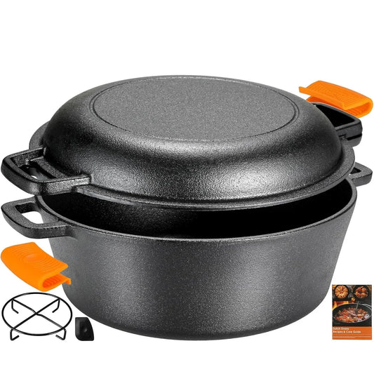 Pre-Seasoned Cast Iron Double Dutch Oven With Loop Handles, Pot + Lid - Cast Iron Dutch Oven with Lid BBQ,7/9 Quart